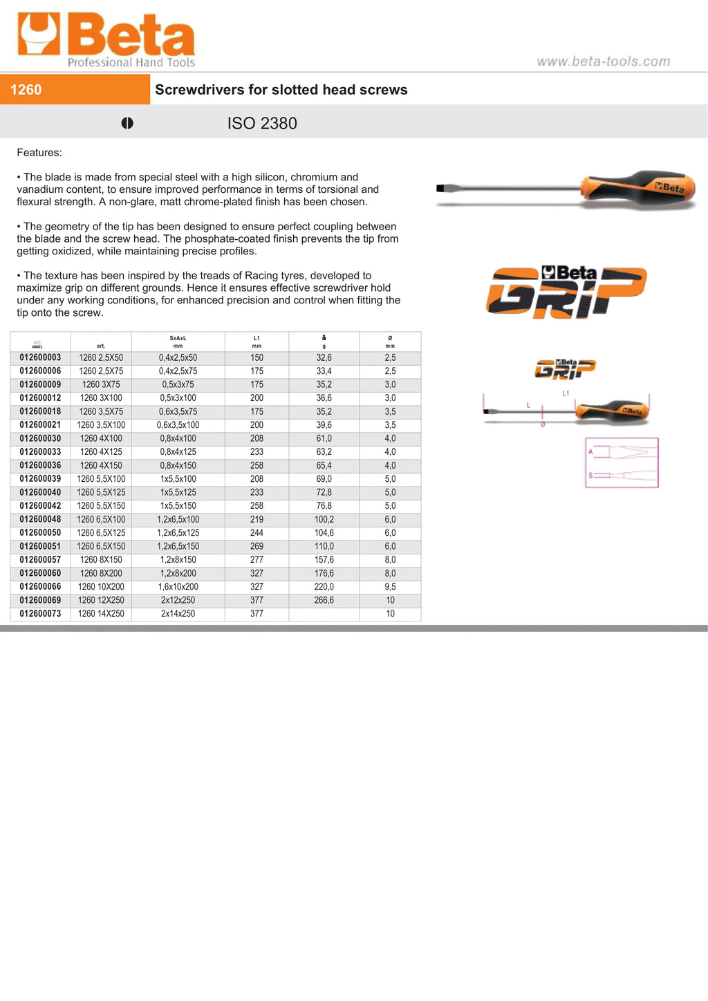 Screwdriver for Slotted Head Screws 0.6x3.5mm 100mm Length - BetaGRIP 1260 3,5X100