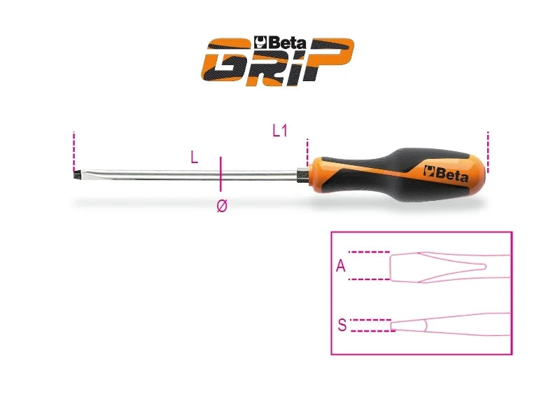Screwdriver for Slotted Head Screws with Hexagon Bolster 2x12mm 250mm Length - BetaGRIP 1260E 12