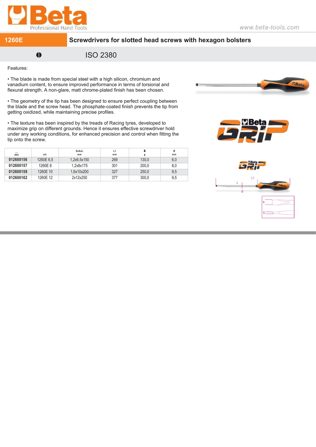 Screwdriver for Slotted Head Screws with Hexagon Bolster 1.6x10mm 200mm Length - BetaGRIP 1260E 10