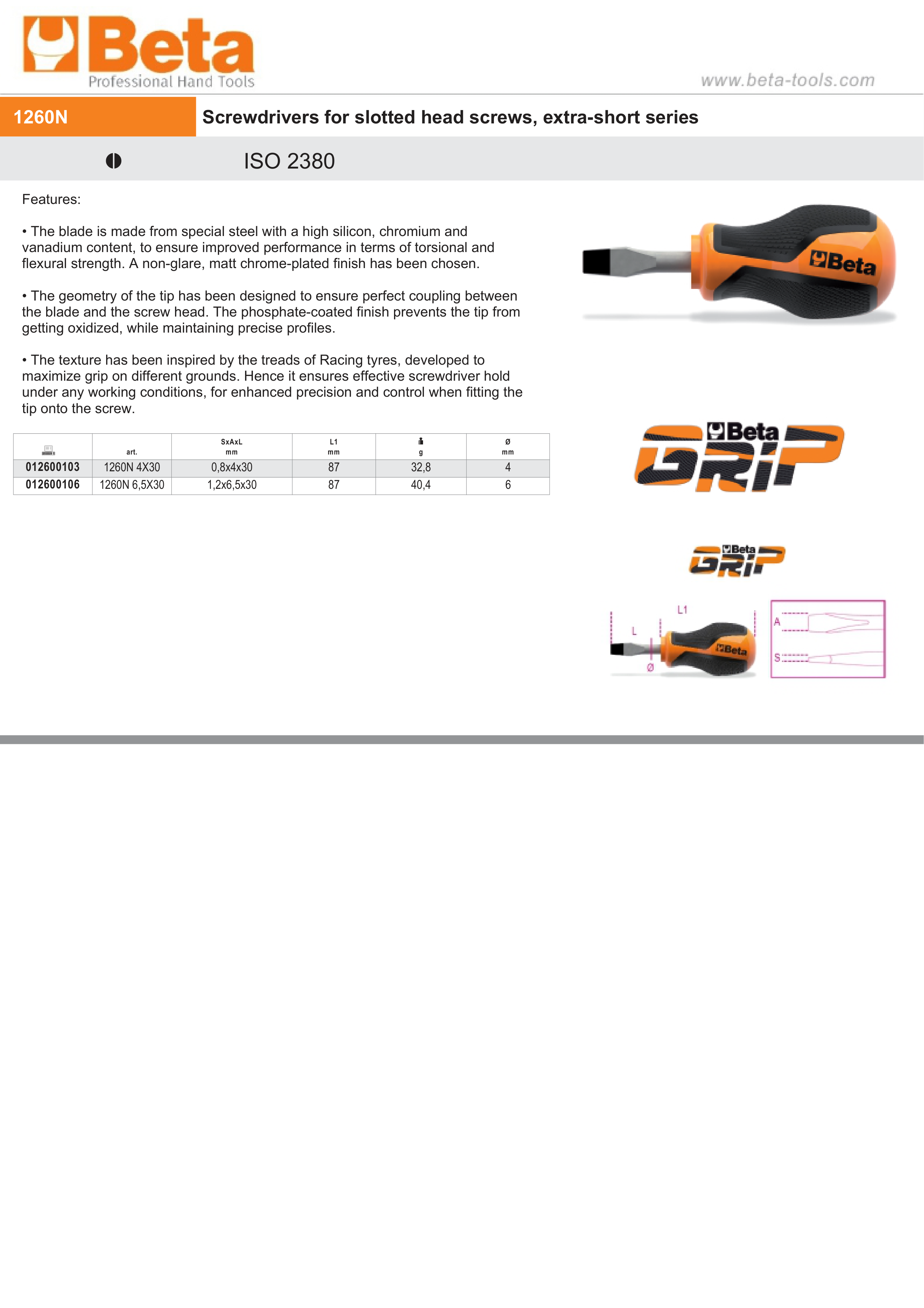 Extra-Short Screwdriver for Slotted Head Screws 1.2x6.5mm 30mm Length - BetaGRIP 1260N 6,5X30