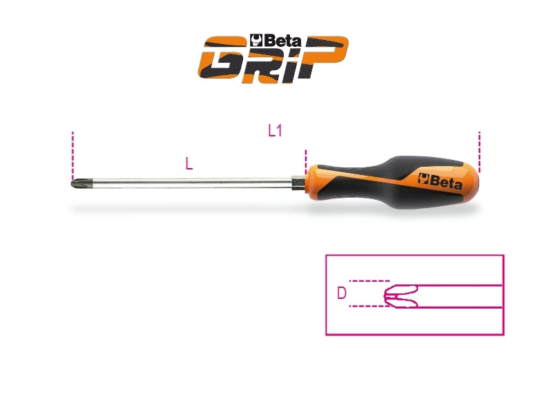Screwdriver for Cross Head Phillips Screws with Hexagon Bolsters PH2 6mm 150mm Length - BetaGRIP 1262E 6X150