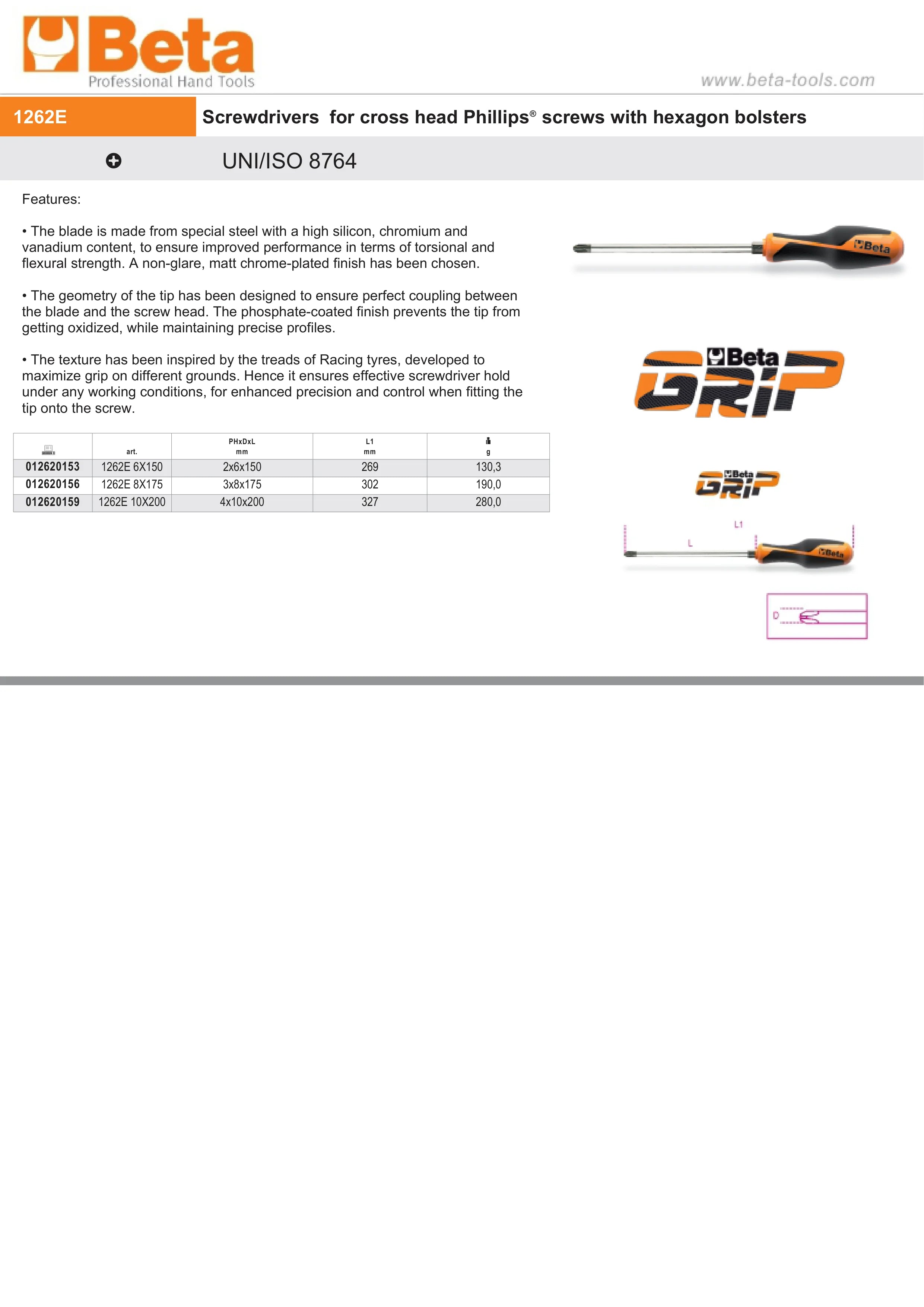 Screwdriver for Cross Head Phillips Screws with Hexagon Bolsters PH3 8mm 175mm Length - BetaGRIP 1262E 8X175