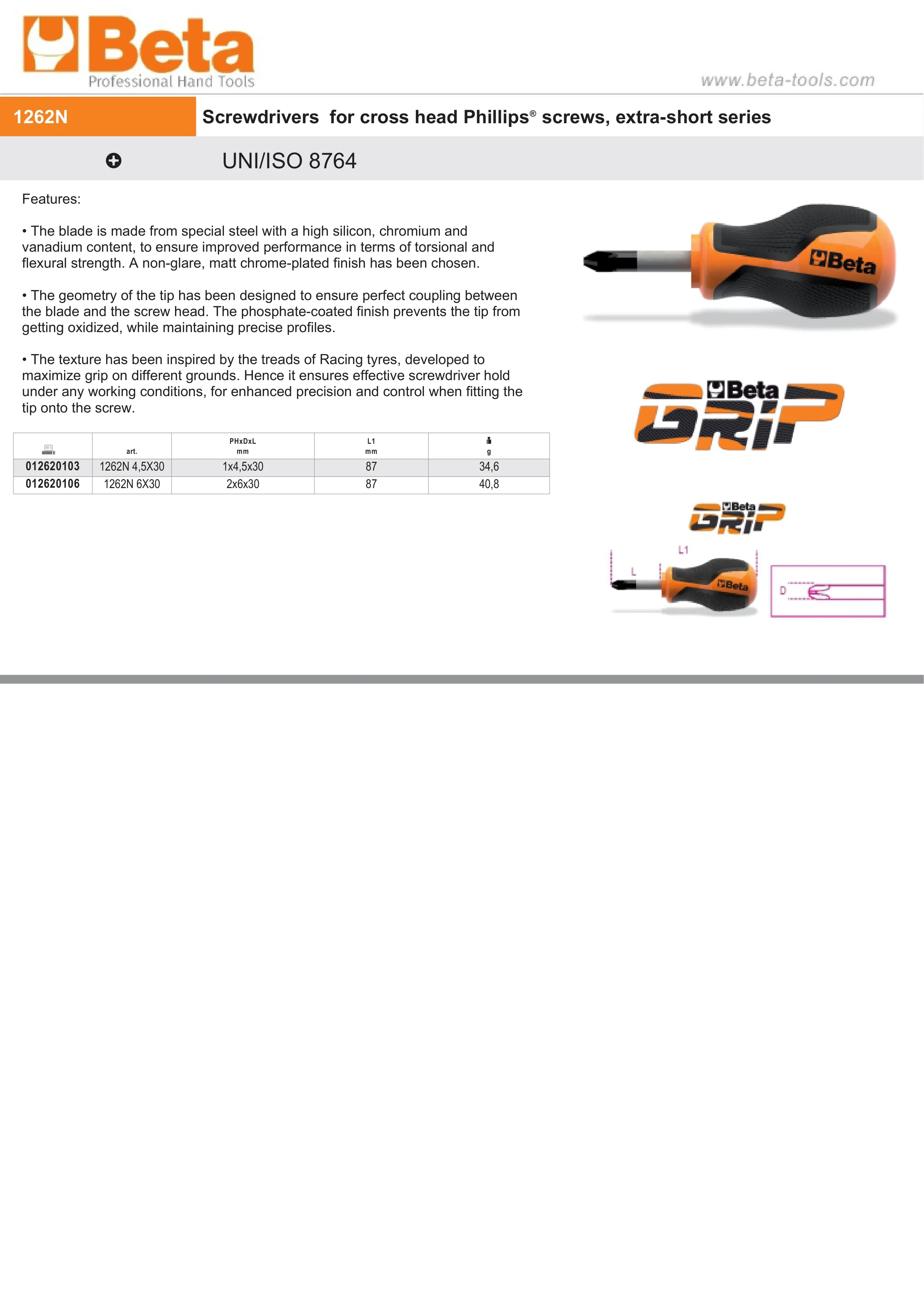 Screwdriver for Cross Head Phillips Screws Extra-Short PH2 6mm 30mm Length - BetaGRIP 1262N 6X30