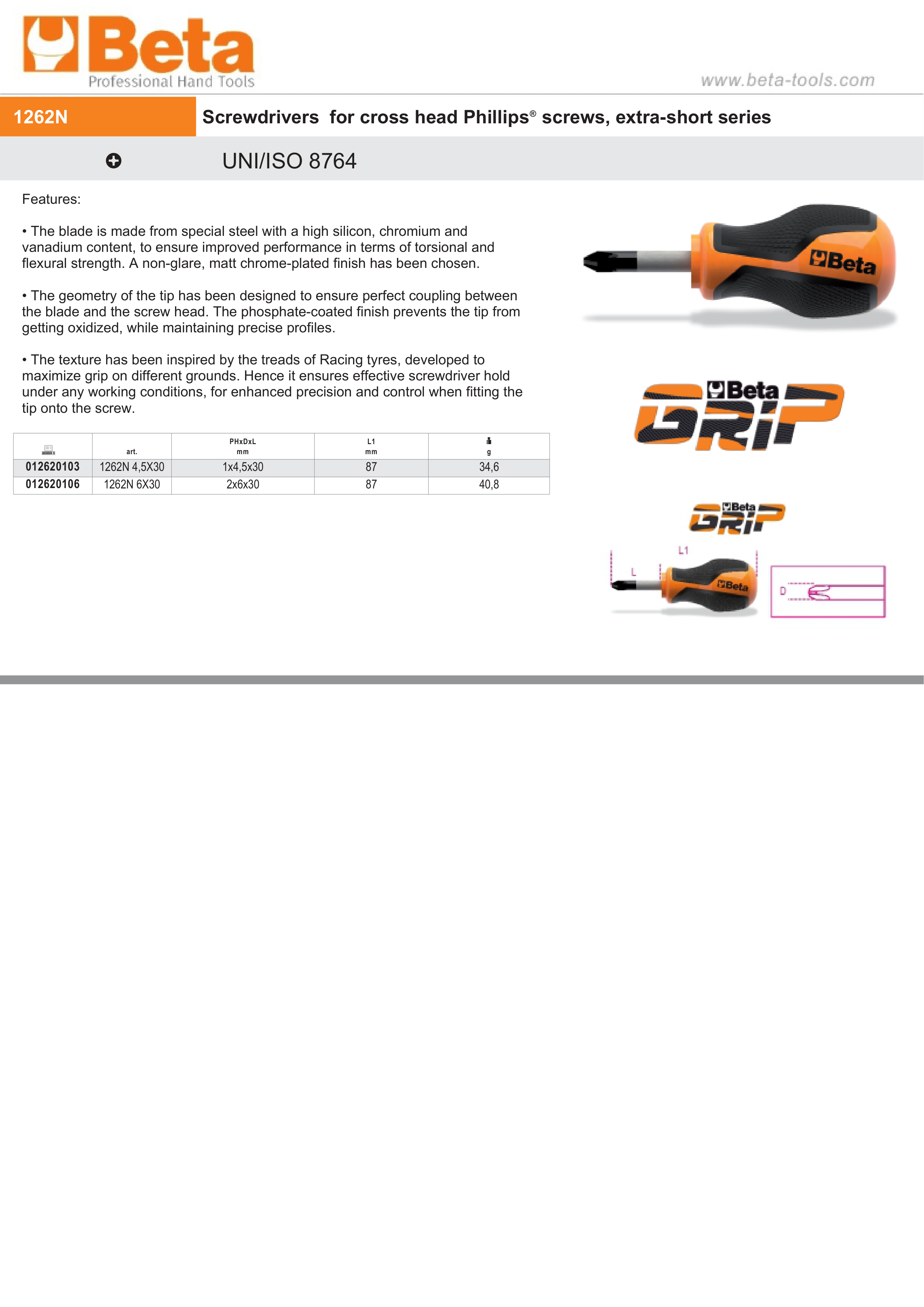Screwdriver for Cross Head Phillips Screws Extra-Short PH2 6mm 30mm Length - BetaGRIP 1262N 6X30