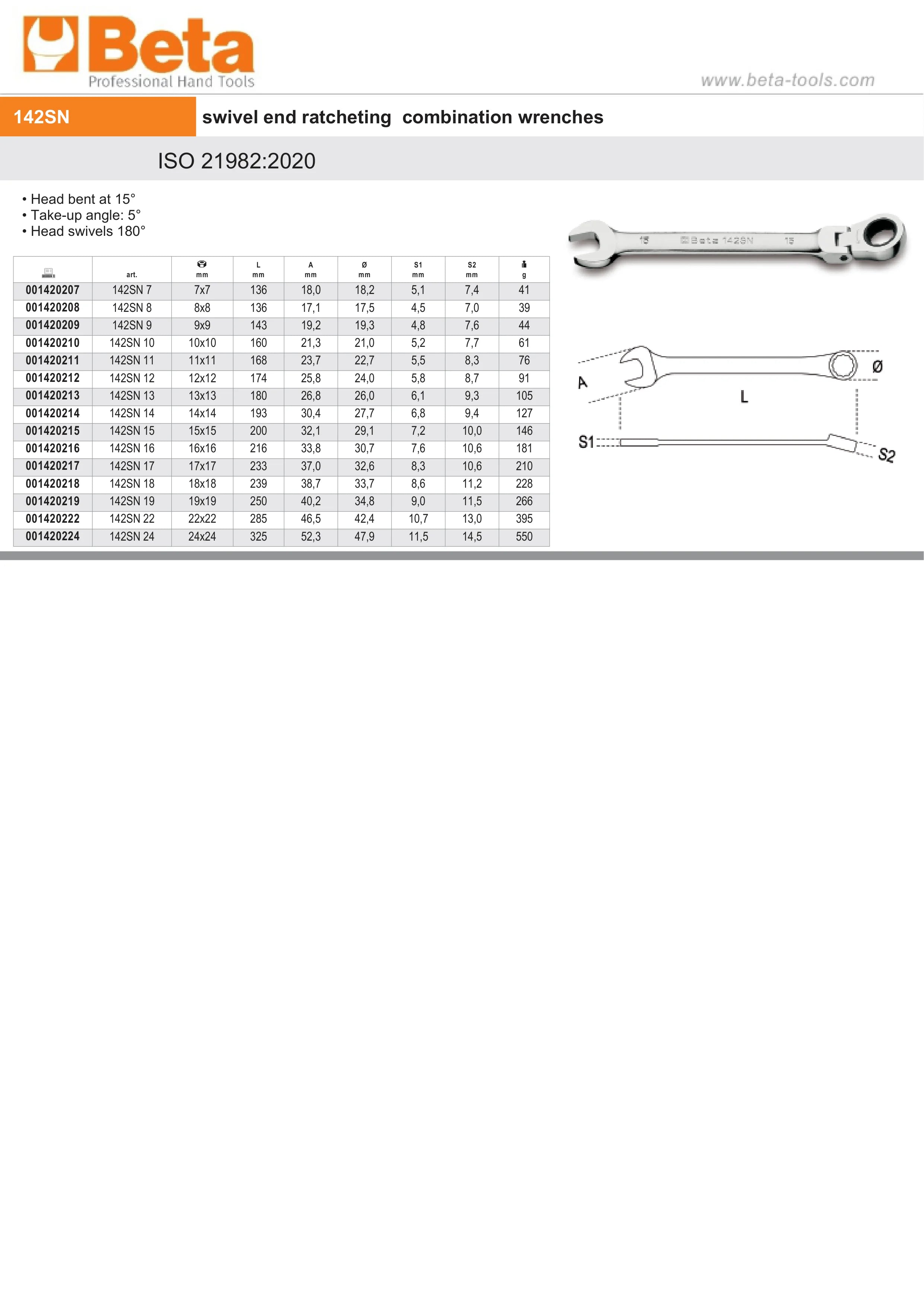 Swivel End Ratcheting Combination Spanner Wrench 19mm - Beta Tools 142SN 19