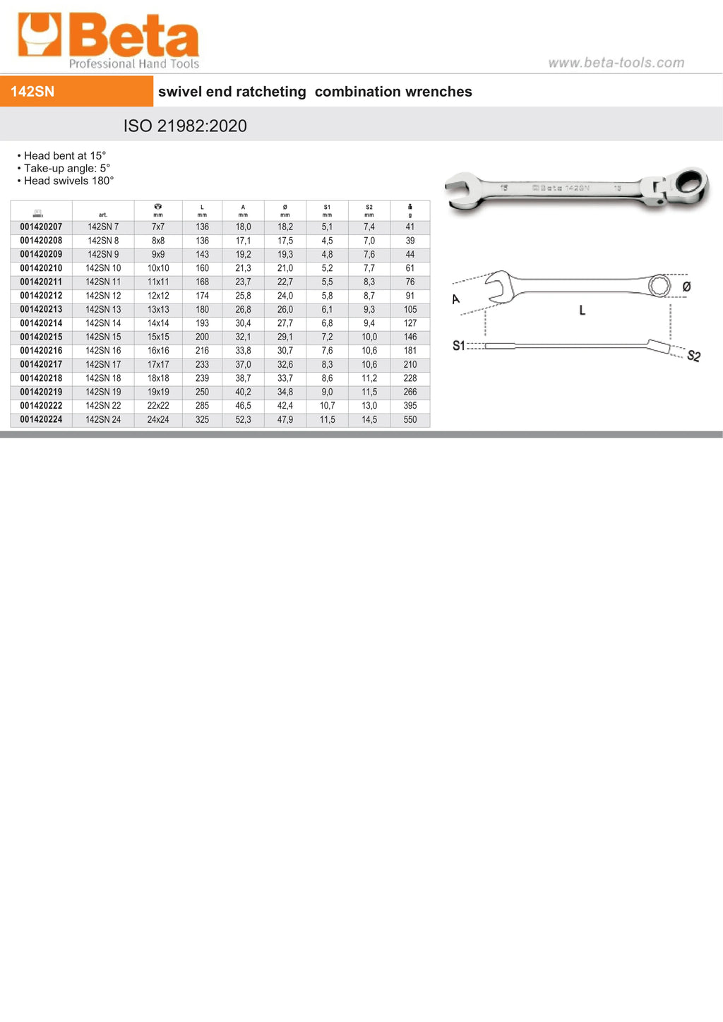 Swivel End Ratcheting Combination Spanner Wrench 18mm - Beta Tools 142SN 18
