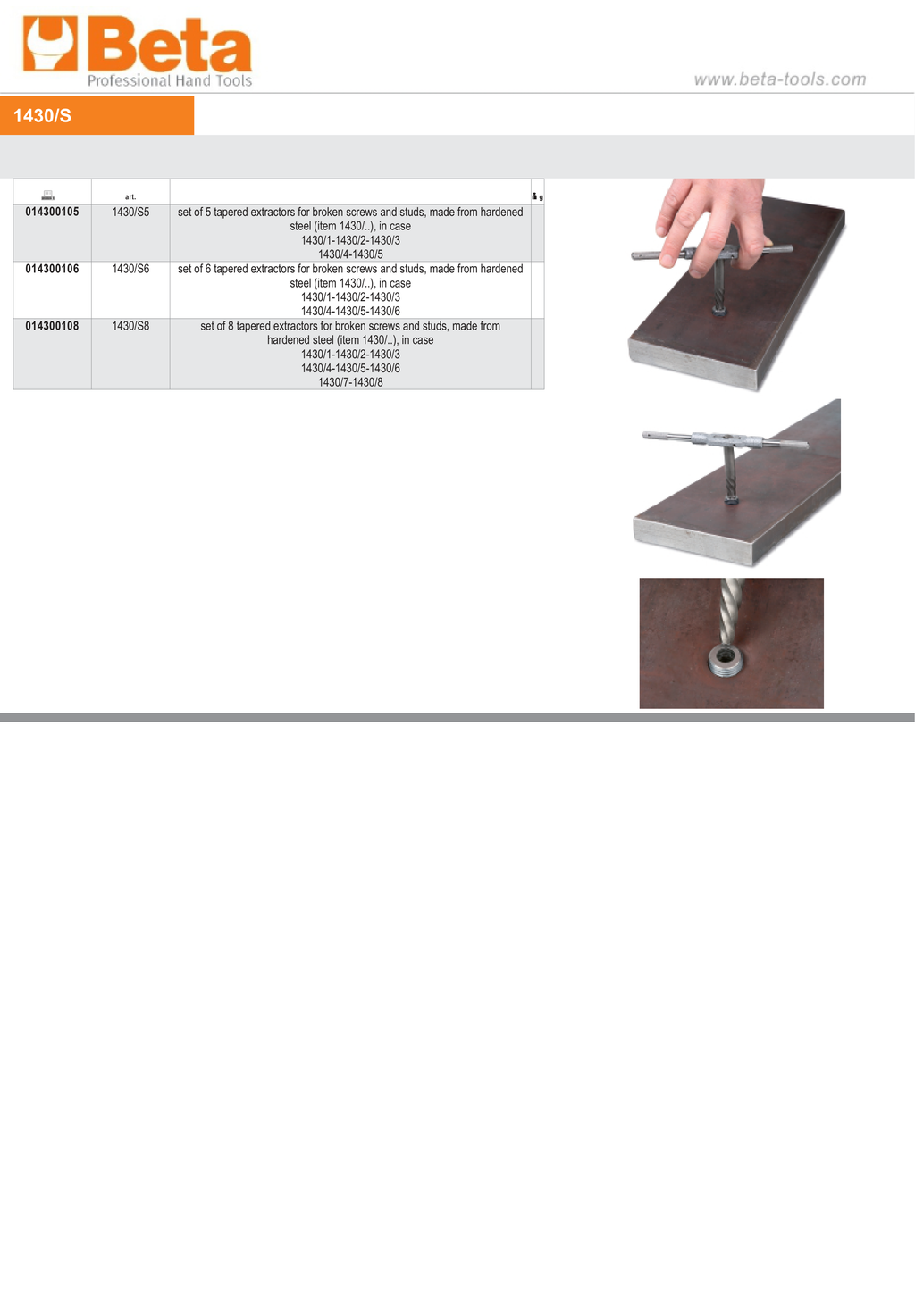 Set of 5 Tapered Extractors for Broken Screws and Studs Hardened Steel in Case - Beta Tools 1430/S5