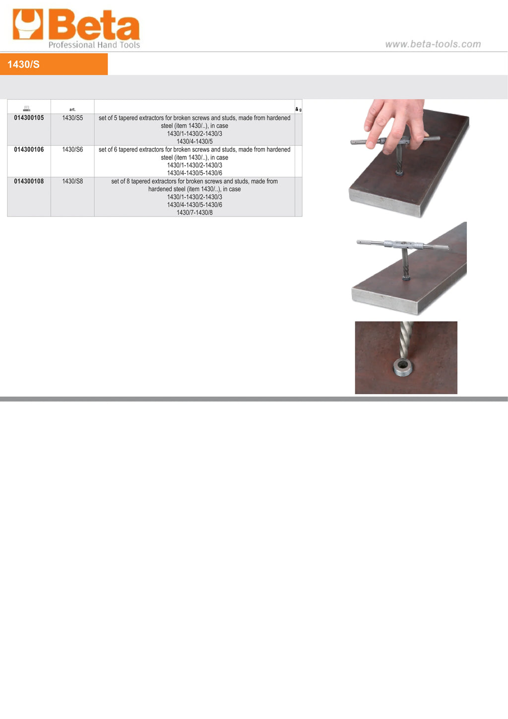 Set of 5 Tapered Extractors for Broken Screws and Studs Hardened Steel in Case - Beta Tools 1430/S5