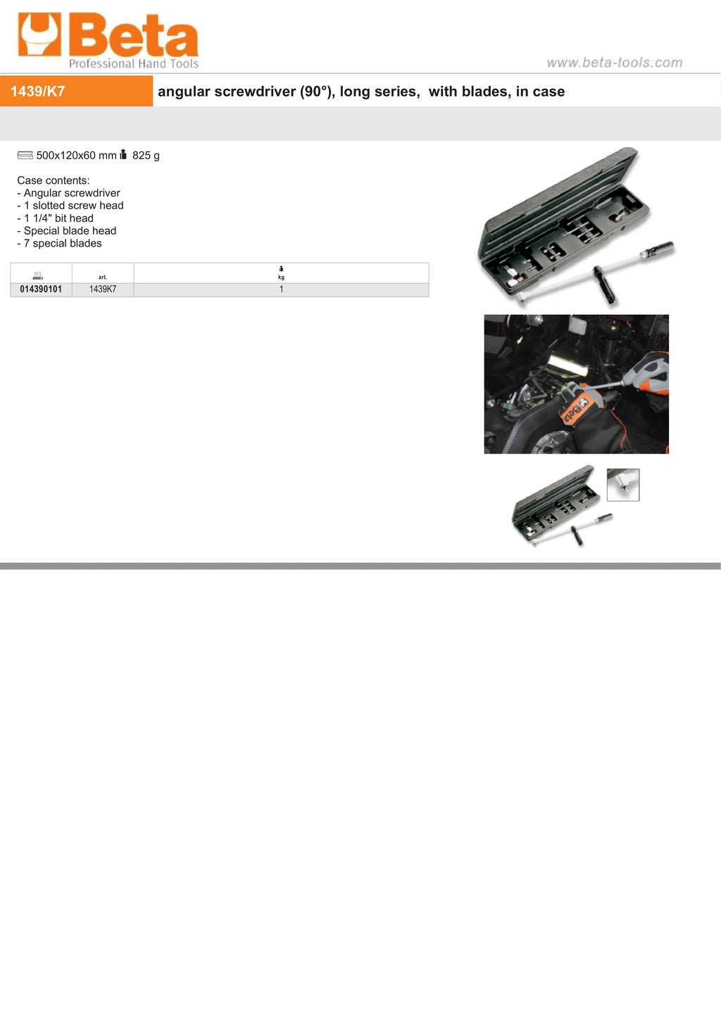 Angular Screwdriver 90 Long Series with Blades in Case - Beta Tools 1439K7