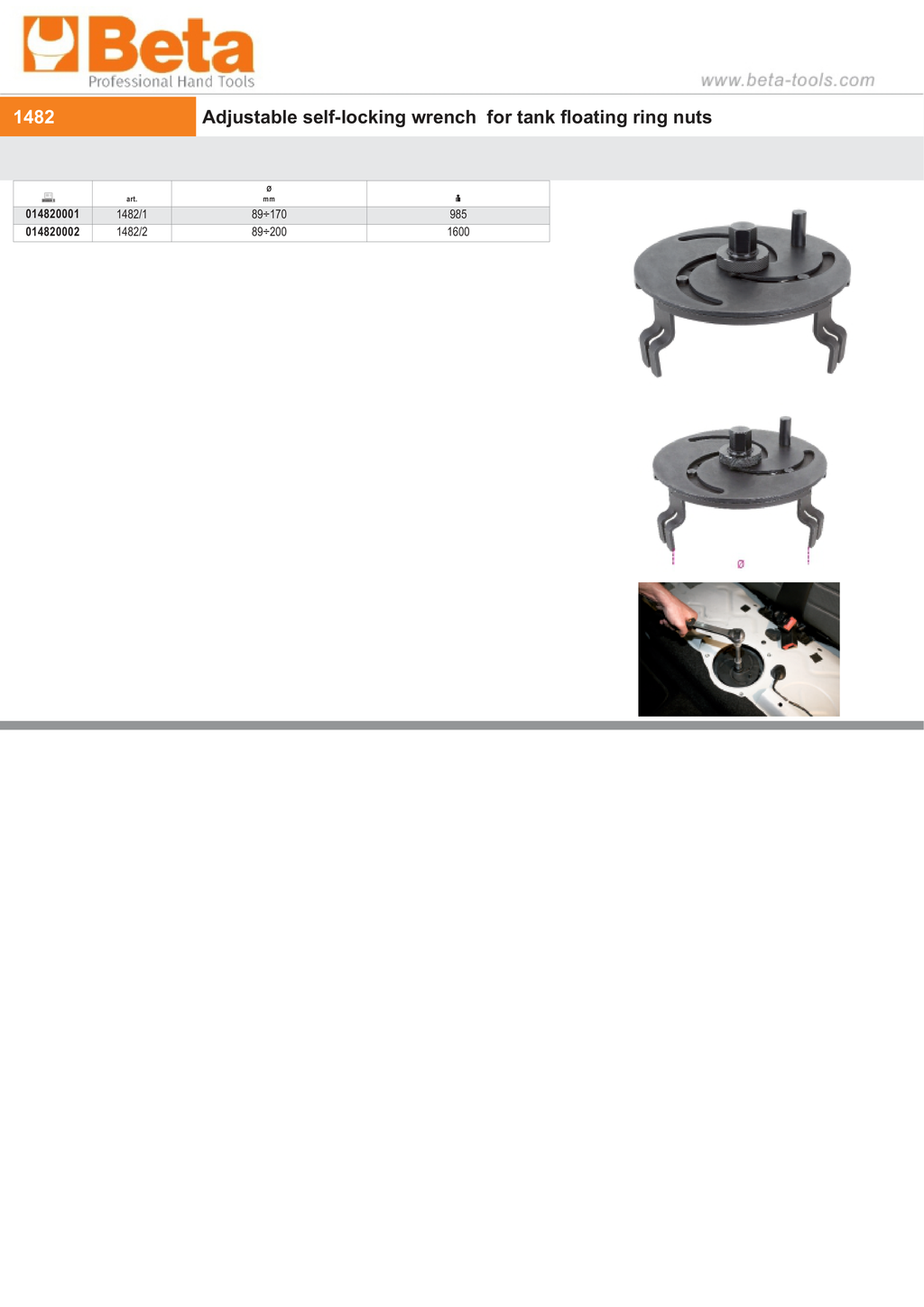 Adjustable Self-Locking Wrench for Tank Floating Ring Nuts 89mm - 170mm - Beta Tools 1482/1