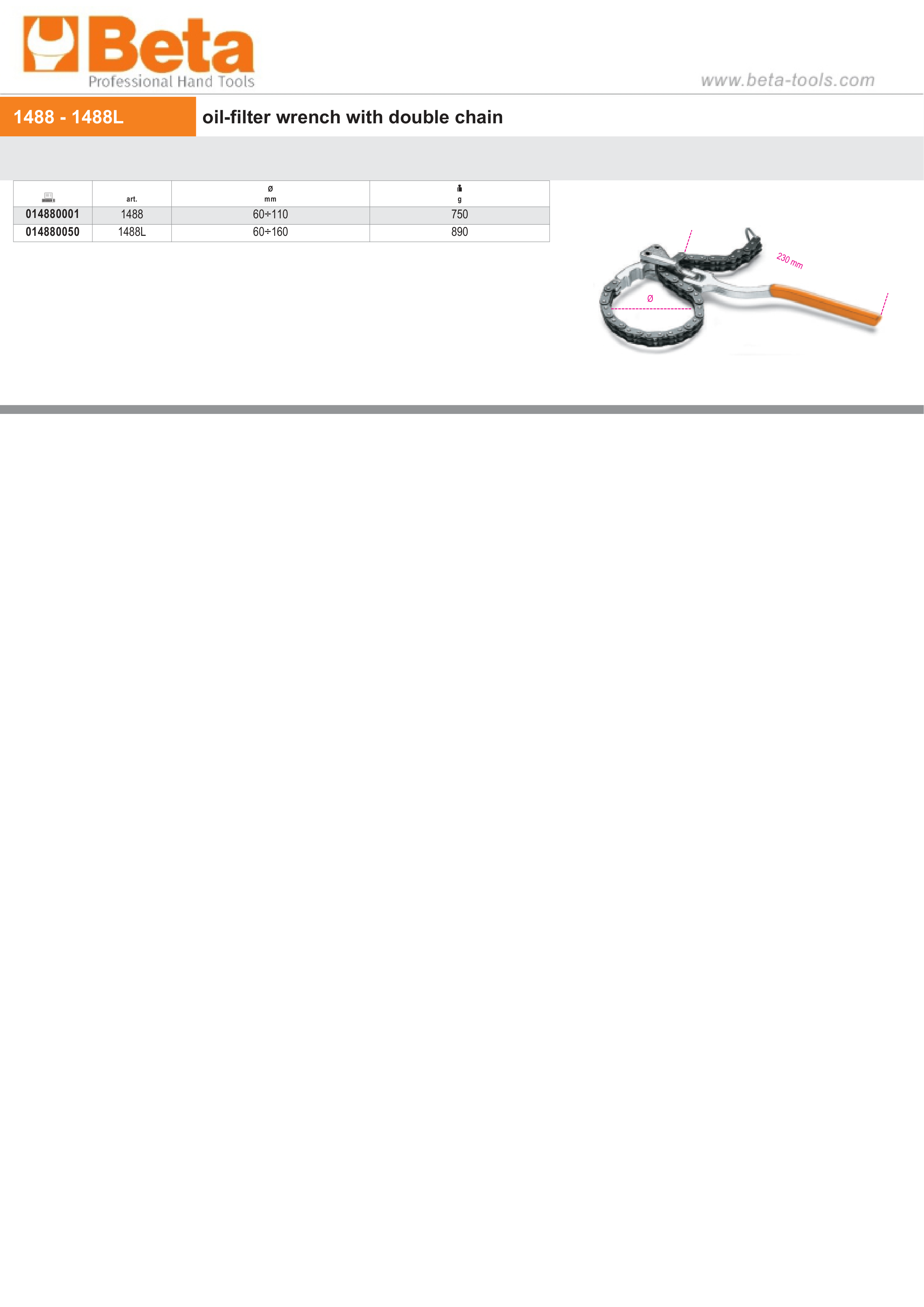 Oil-Filter Wrench with Double Chain 60mm-160mm - Beta Tools 1488L