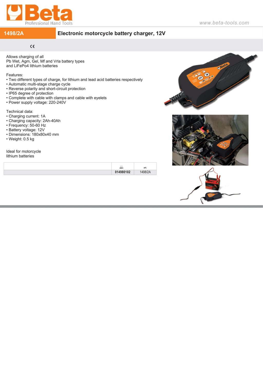 Electronic Motorcycle Battery Charger 12V 1A 2Ah - 40Ah - Beta Tools 1498/2A