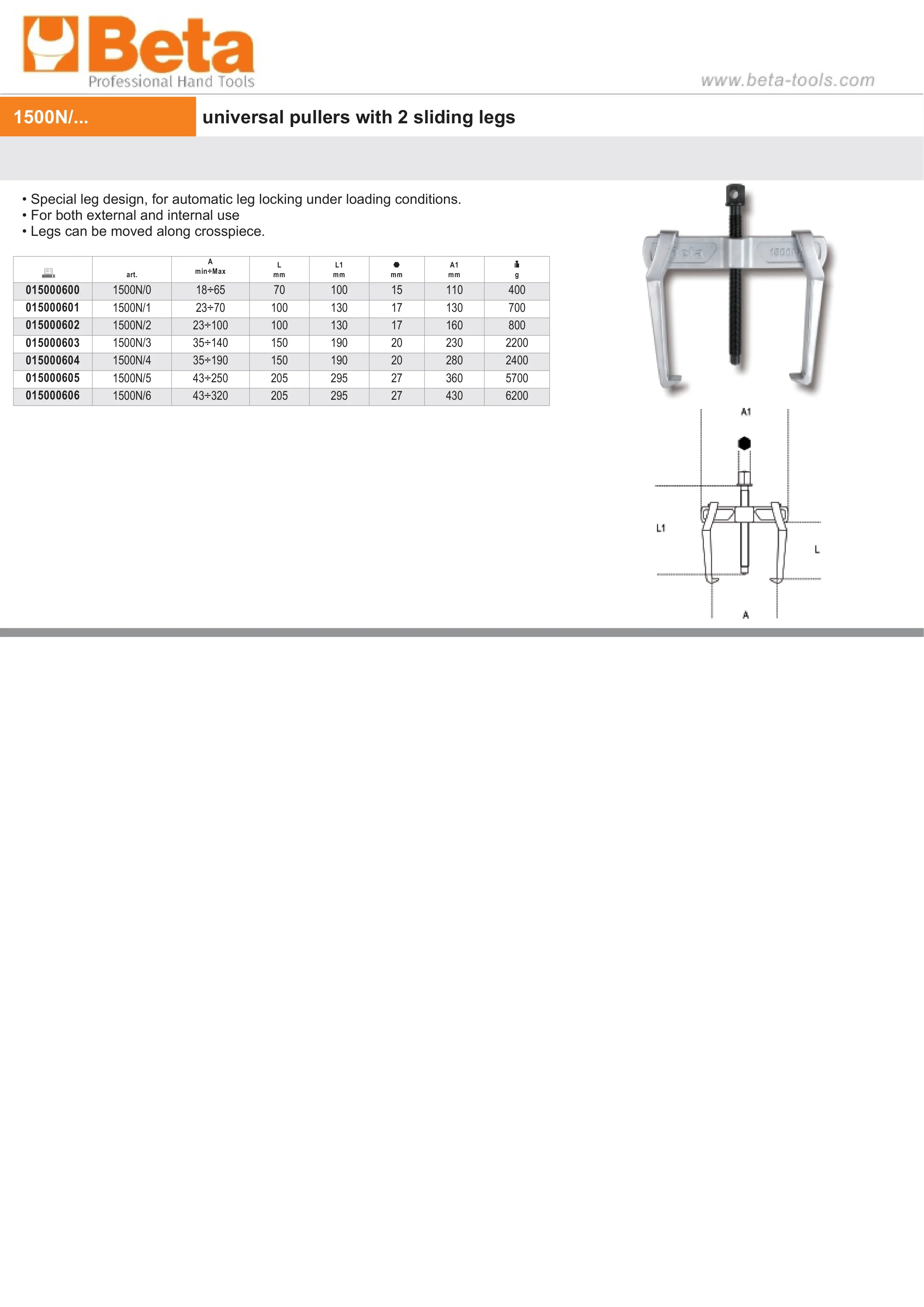 Universal Pullers with 2 Sliding Legs 43mm - 250mm - Beta Tools 1500N/5