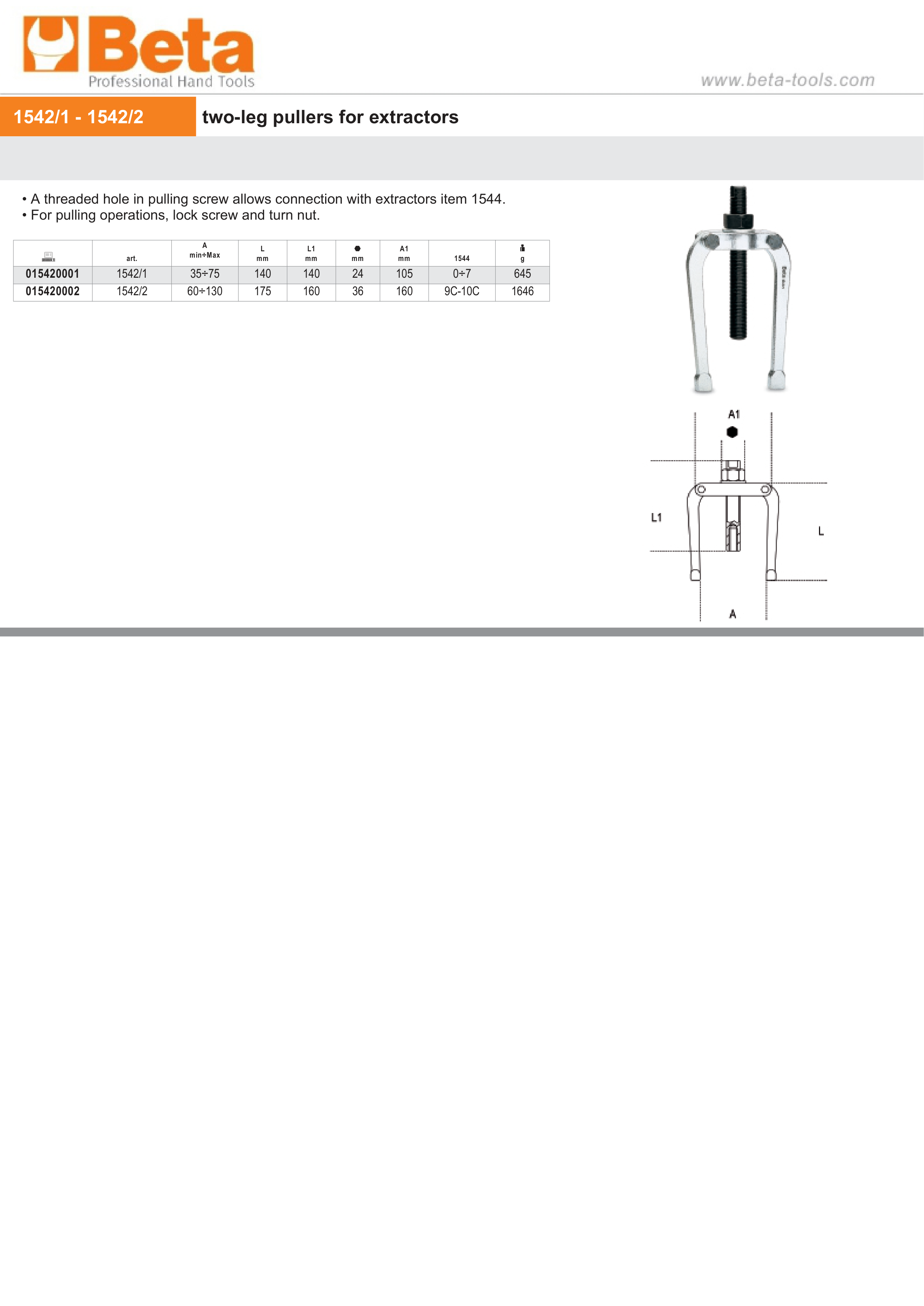 Two-Leg Pullers for Extractors 35mm - 75mm - Beta Tools 1542/1