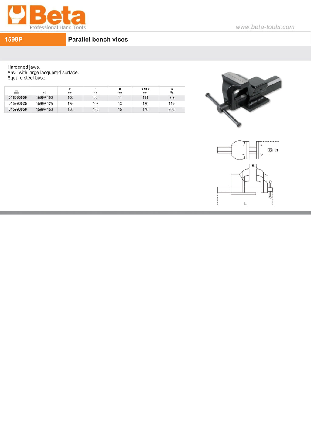 Parallel Bench Vice 125mm Jaws - Beta Tools 1599P 125