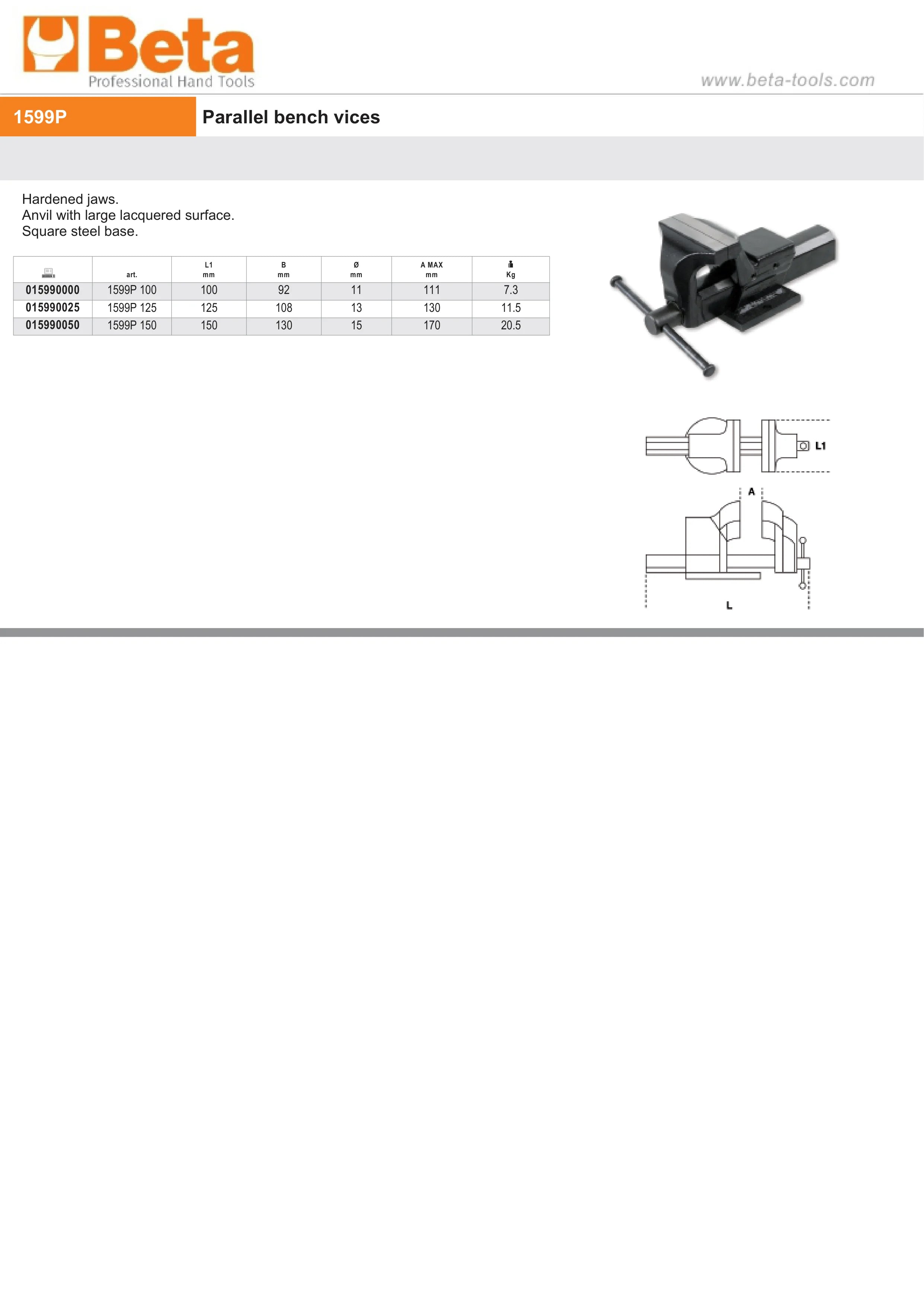 Parallel Bench Vice 125mm Jaws - Beta Tools 1599P 125
