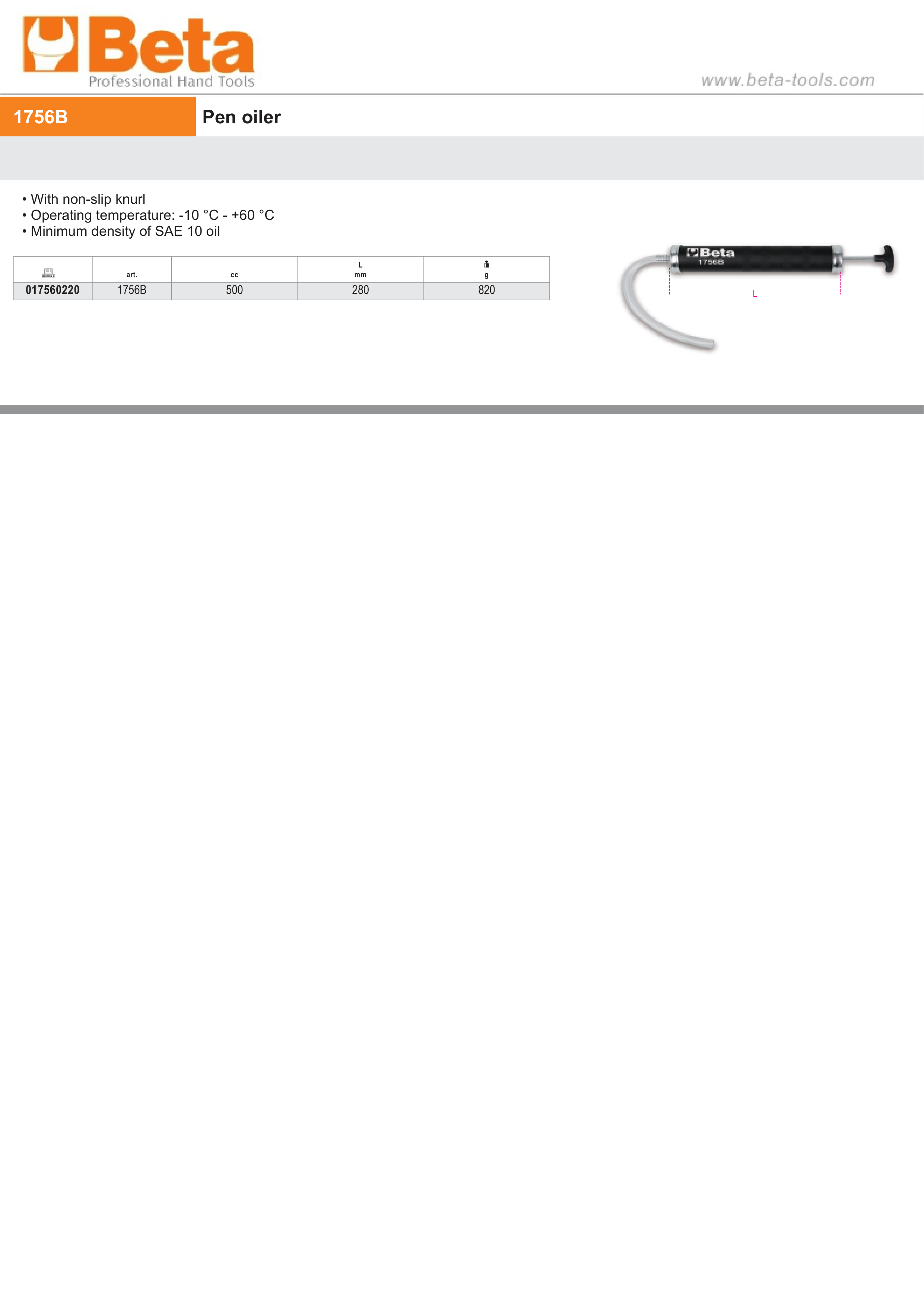 Pen Oiler with Non-Slip Knurl for SAE 10 Oil 500cc - Beta Tools 1756B