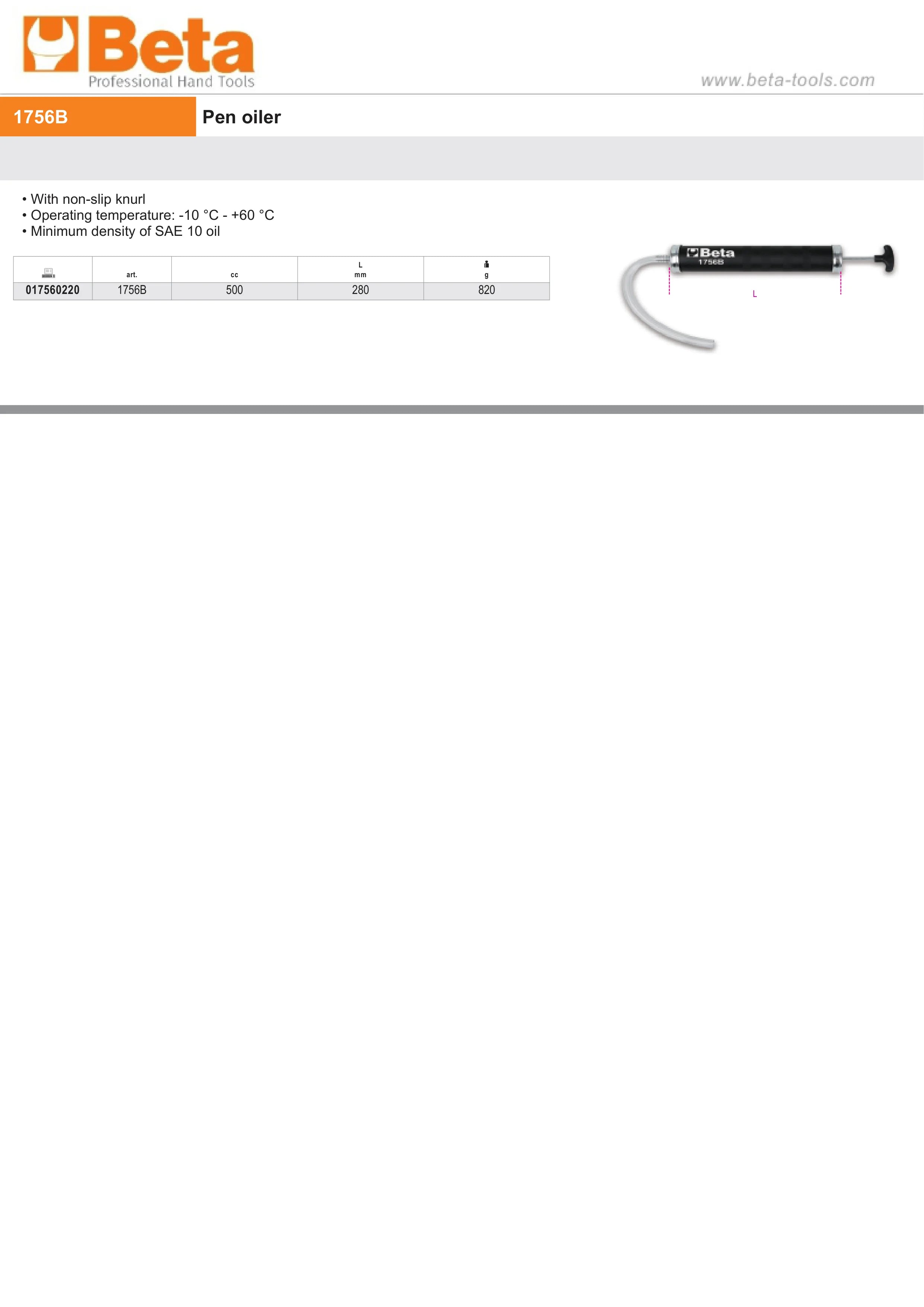 Pen Oiler with Non-Slip Knurl for SAE 10 Oil 500cc - Beta Tools 1756B