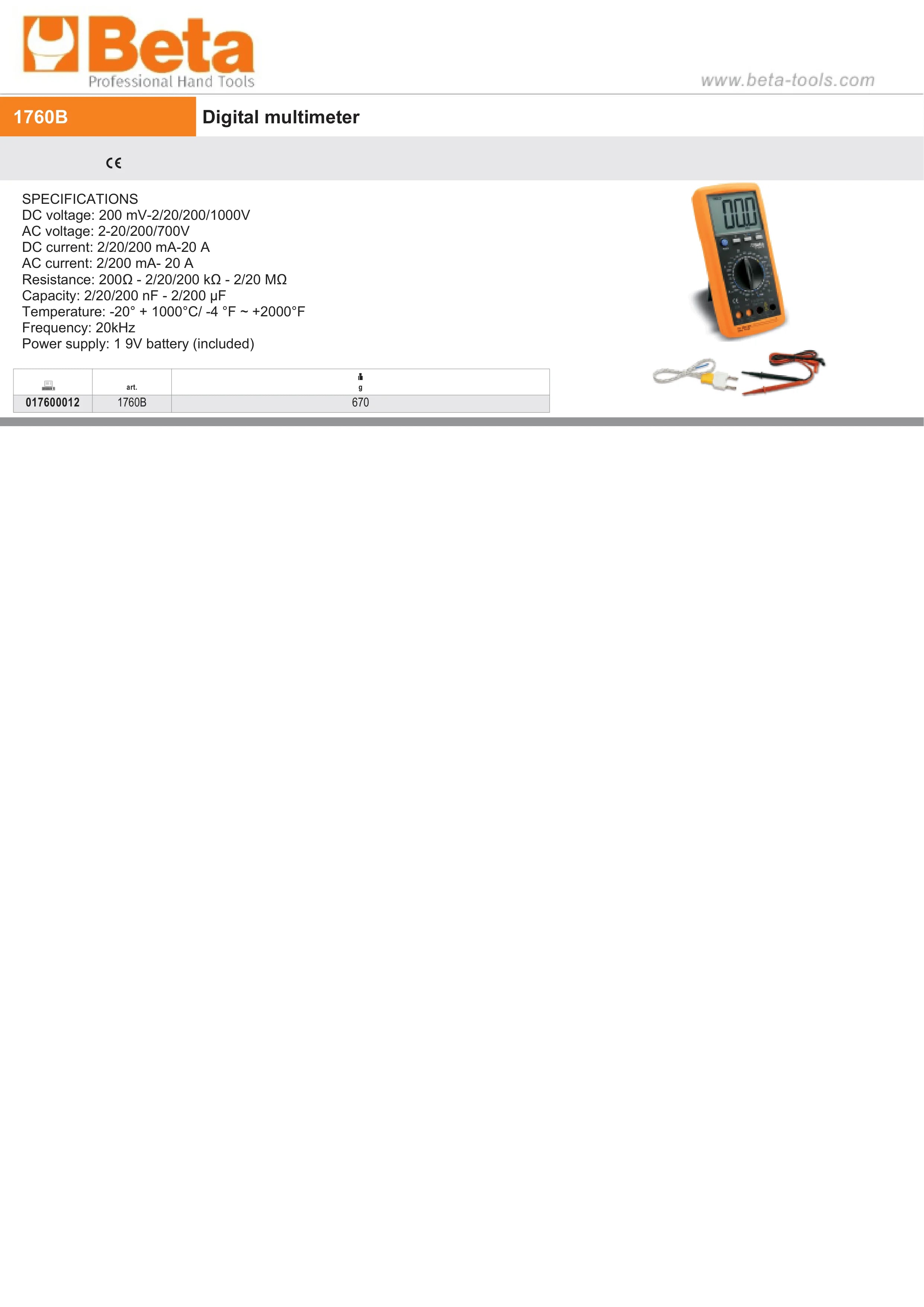 Digital Multimeter with Temperature and Frequency Measurement - Beta Tools 1760B