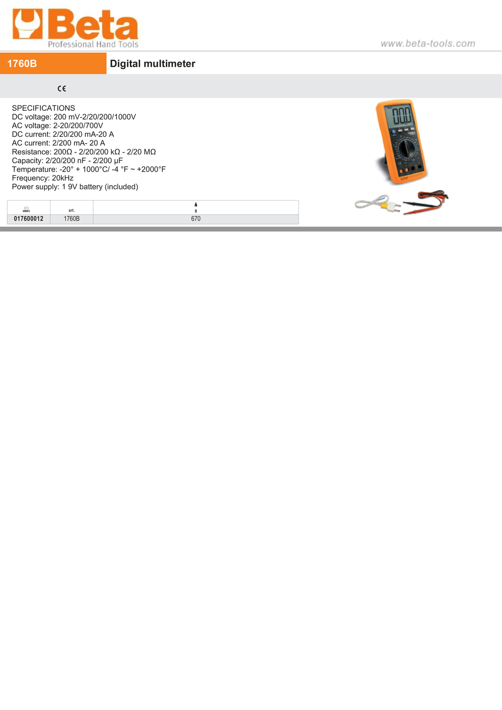 Digital Multimeter with Temperature and Frequency Measurement - Beta Tools 1760B