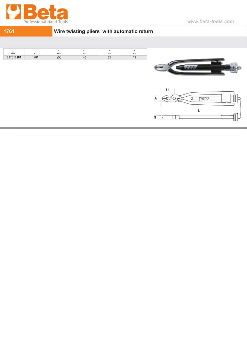 Wire Twisting Pliers with Automatic Return 255mm - Beta Tools 1761