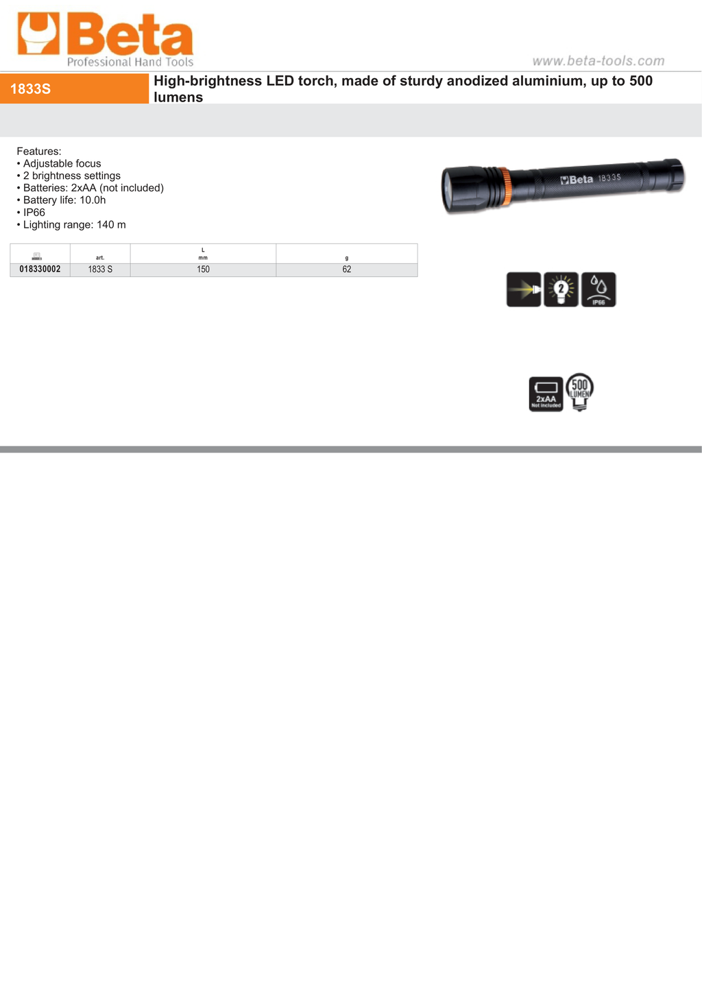 High-Brightness LED Torch Anodized Aluminum 500 Lumens 150mm - Beta Tools 1833 S