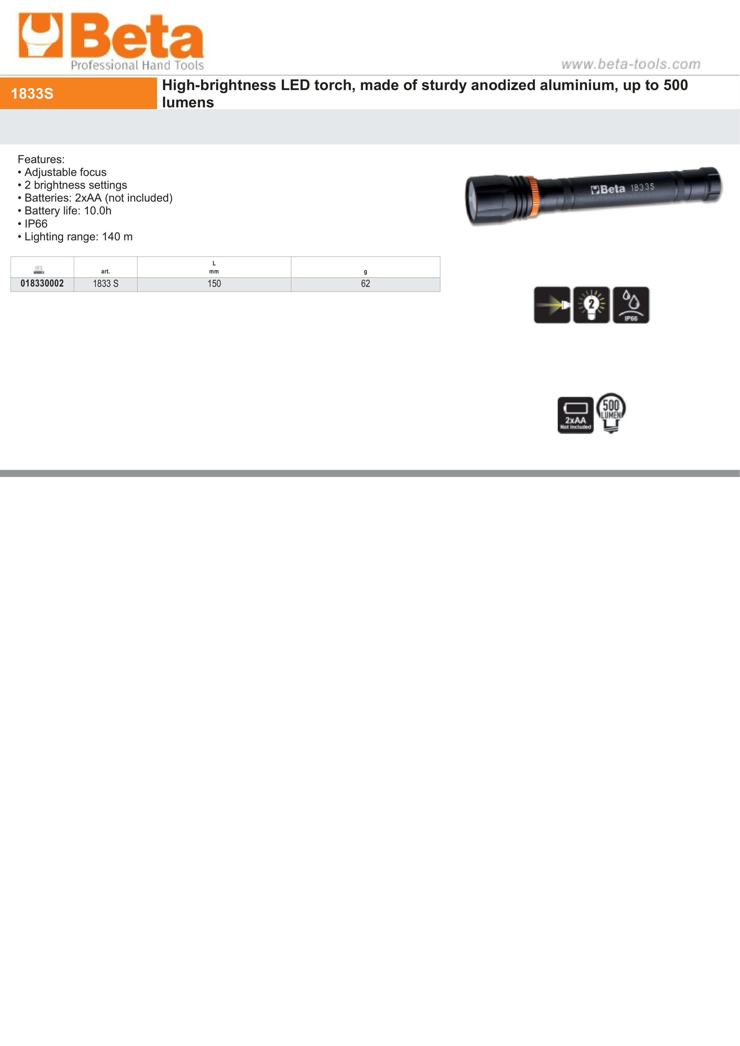 High-Brightness LED Torch Anodized Aluminum 500 Lumens 150mm - Beta Tools 1833 S