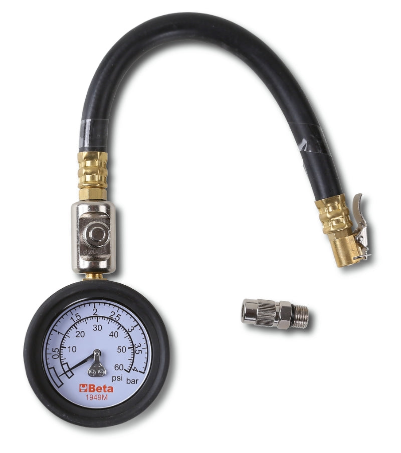 Tyre Pressure Tester 0-4 Bars with Shockproof Rubber Gauge and 290mm Hose - Beta Tools 1949M