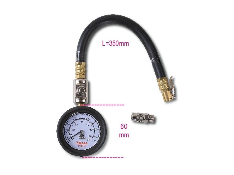 Tyre Pressure Tester 0-4 Bars with Shockproof Rubber Gauge and 290mm Hose - Beta Tools 1949M
