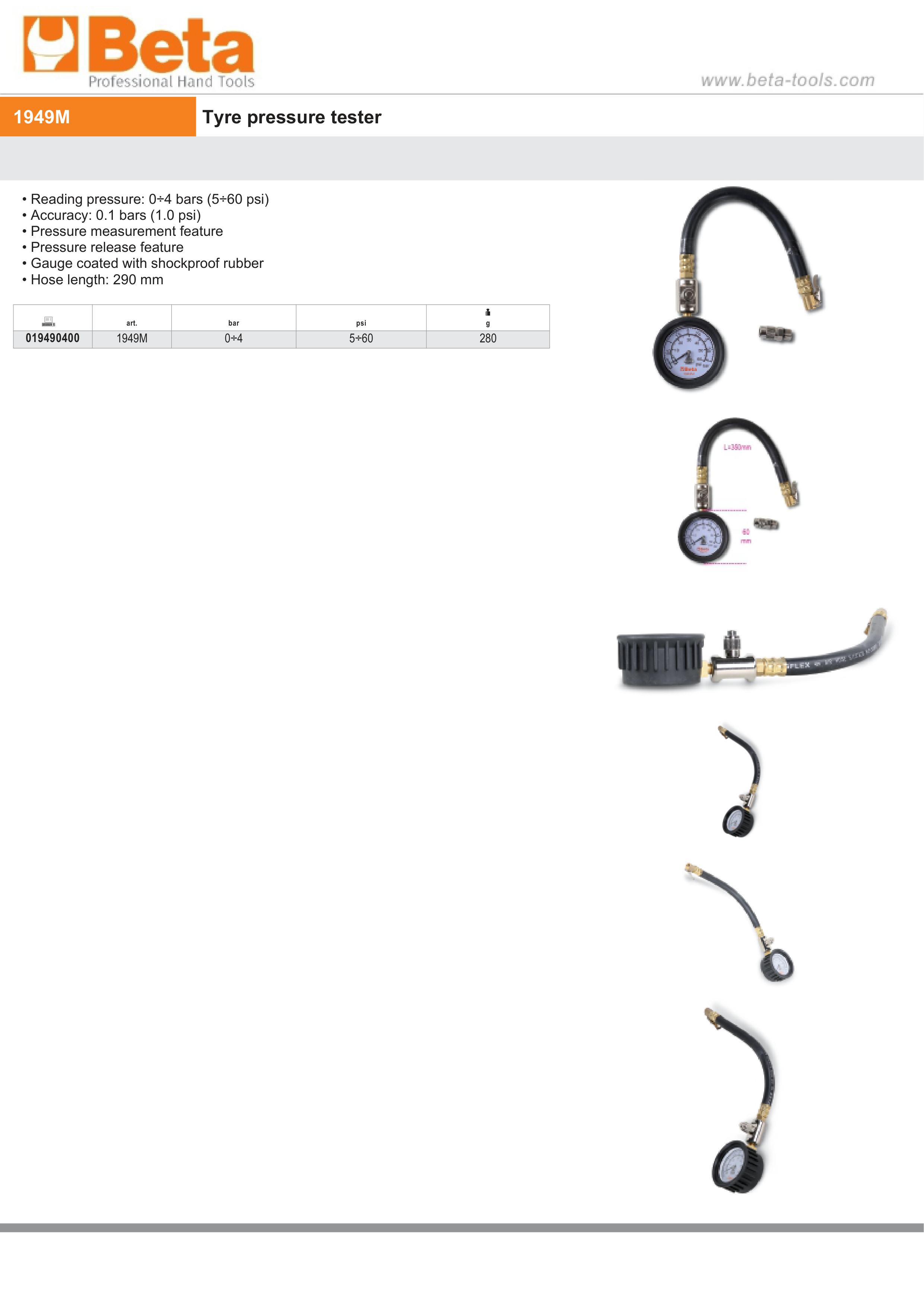 Tyre Pressure Tester 0-4 Bars with Shockproof Rubber Gauge and 290mm Hose - Beta Tools 1949M