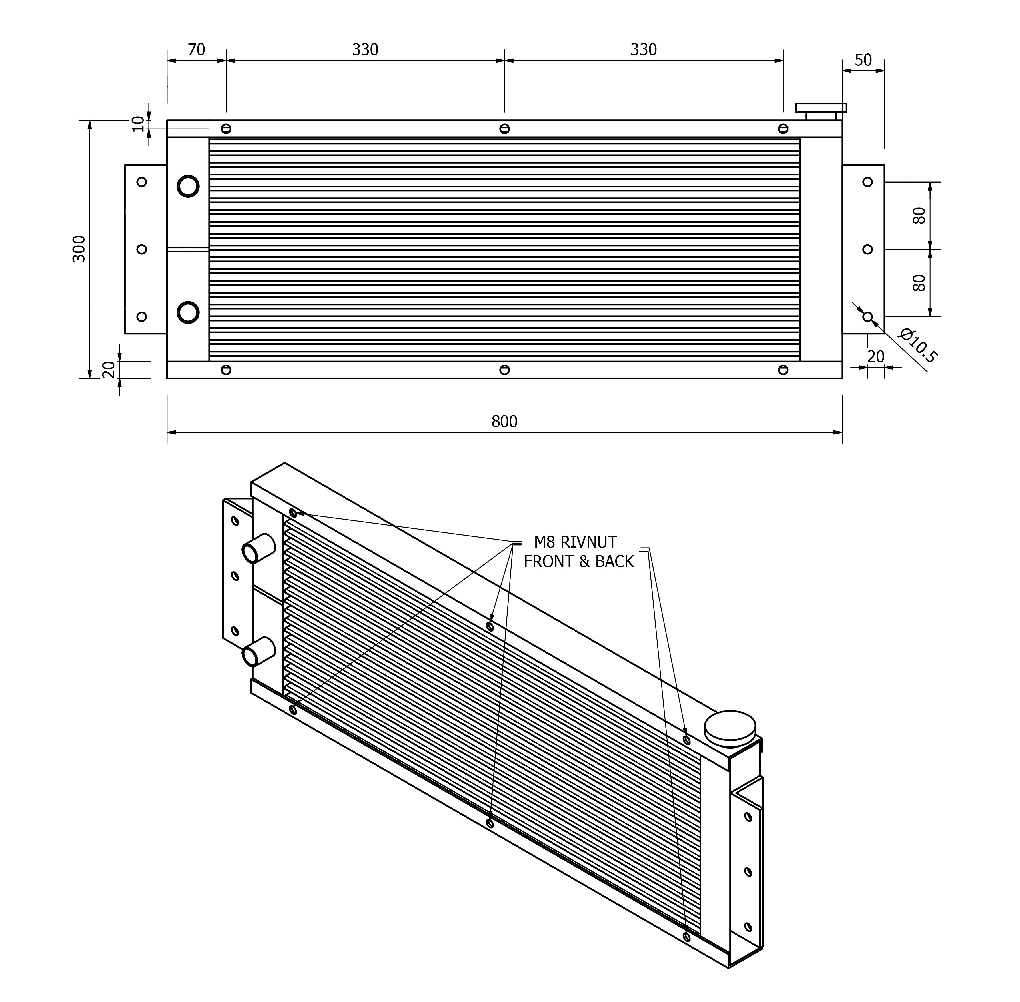 UTV SXS UNIVERSAL REAR RADIATOR 800mm x 300mm, 25mm INLETS