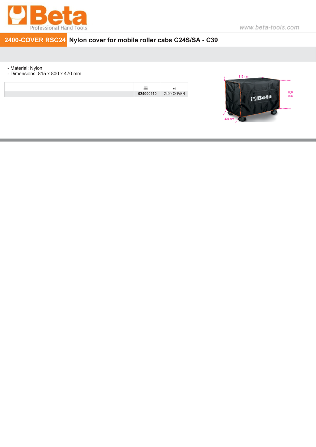 Nylon Cover for Mobile Roller Cabs C24S/SA C39 815x800x470mm - Beta Tools 2400-COVER RSC24