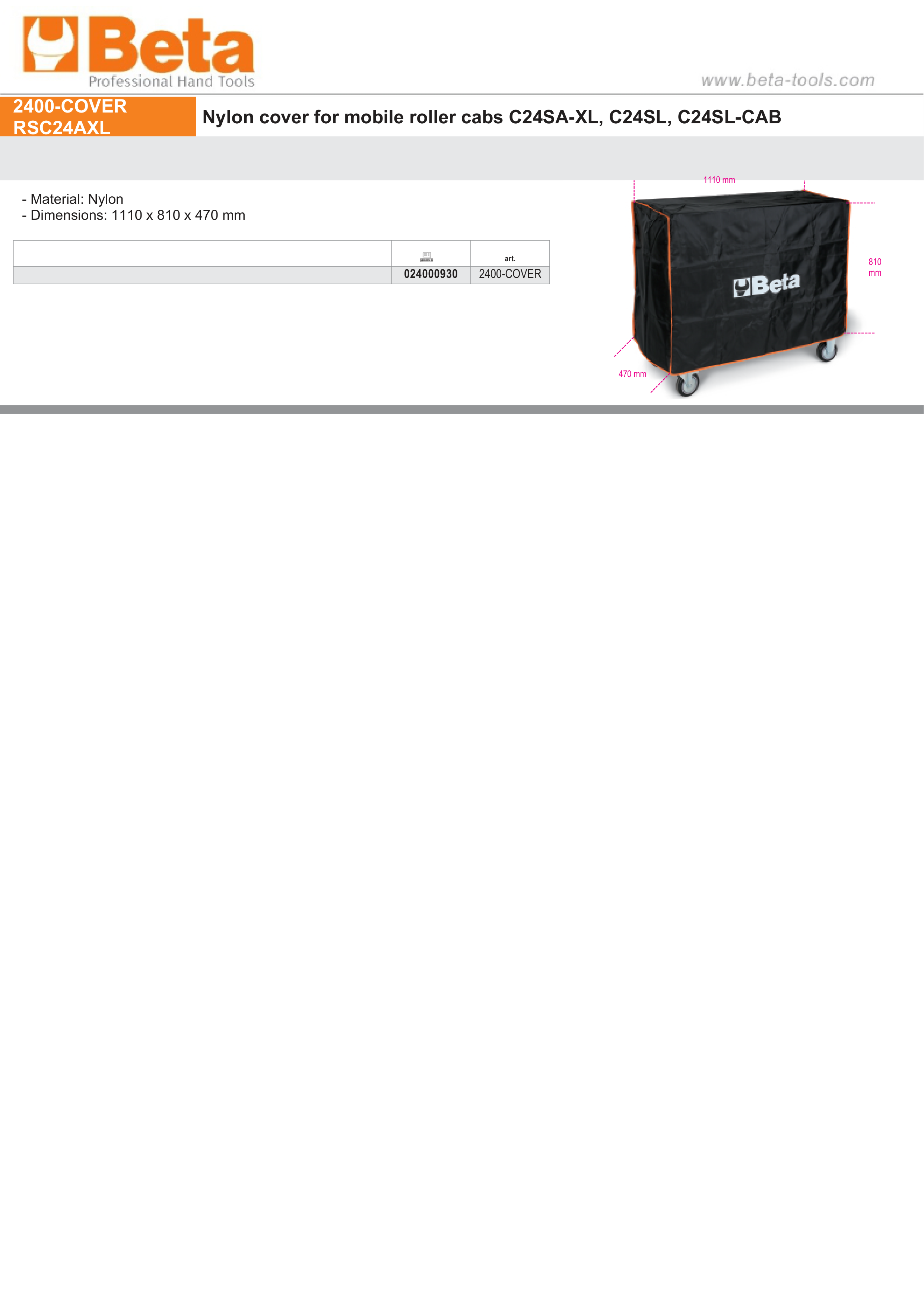 Nylon Cover for Mobile Roller Cabs C24SA-XL C24SL C24SL-CAB 1110x810x470mm - Beta Tools 2400-COVER RSC24AXL