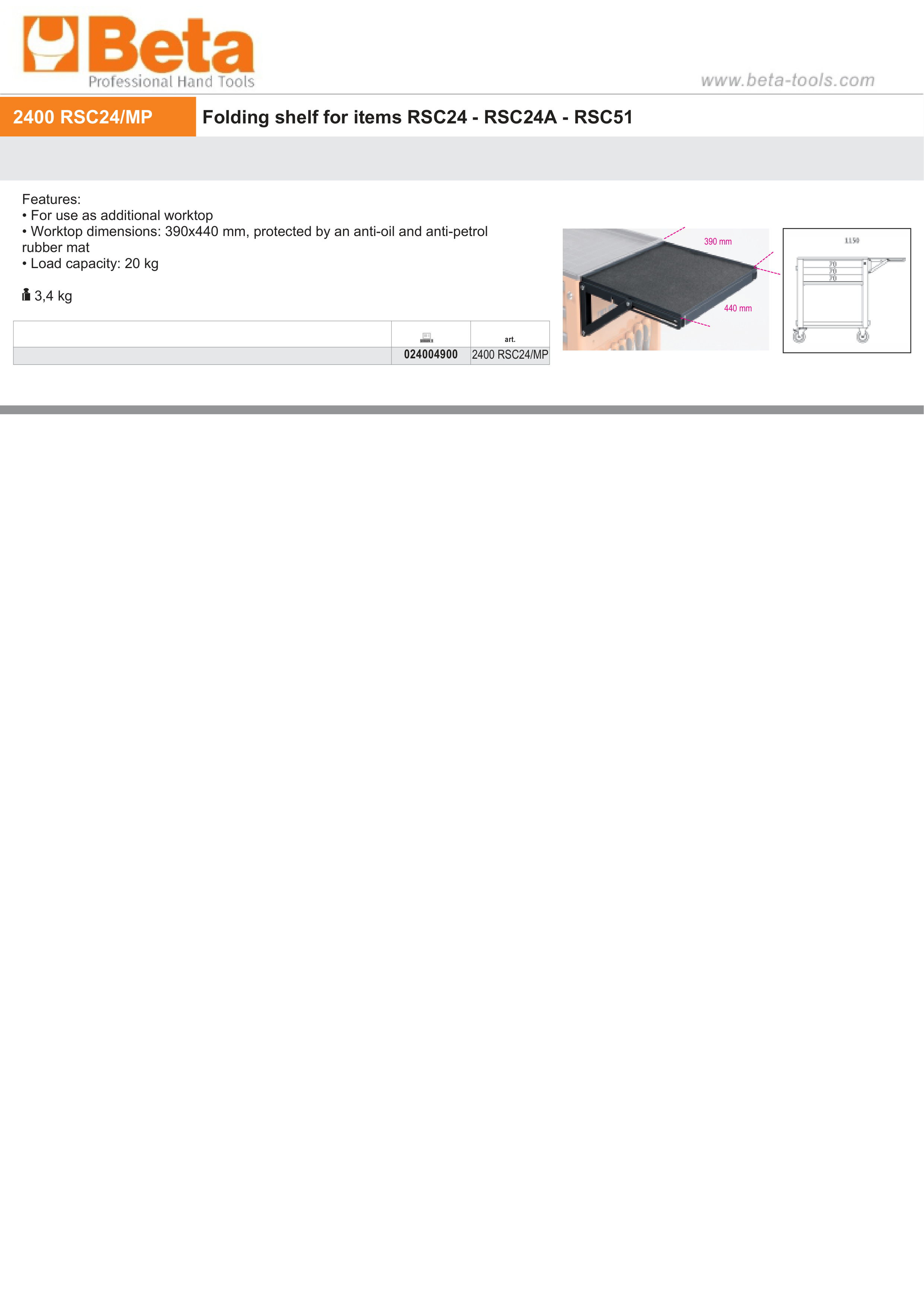 Folding Shelf for RSC24 RSC24A RSC51 390x440mm 20kg Capacity - Beta Tools 2400 RSC24/MP