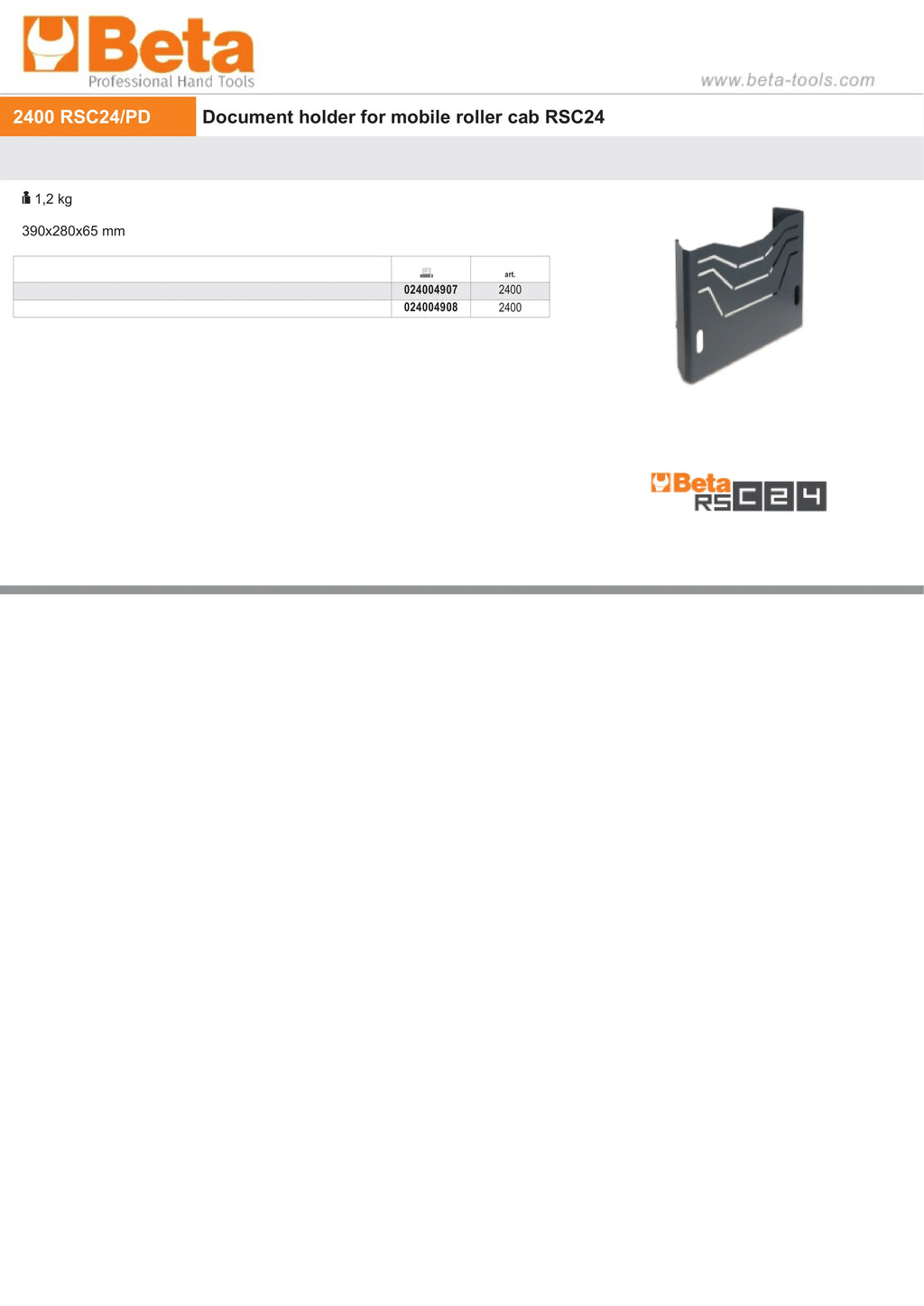Document Holder for Mobile Roller Cab RSC24 - Beta Tools 2400 RSC24/PD-N