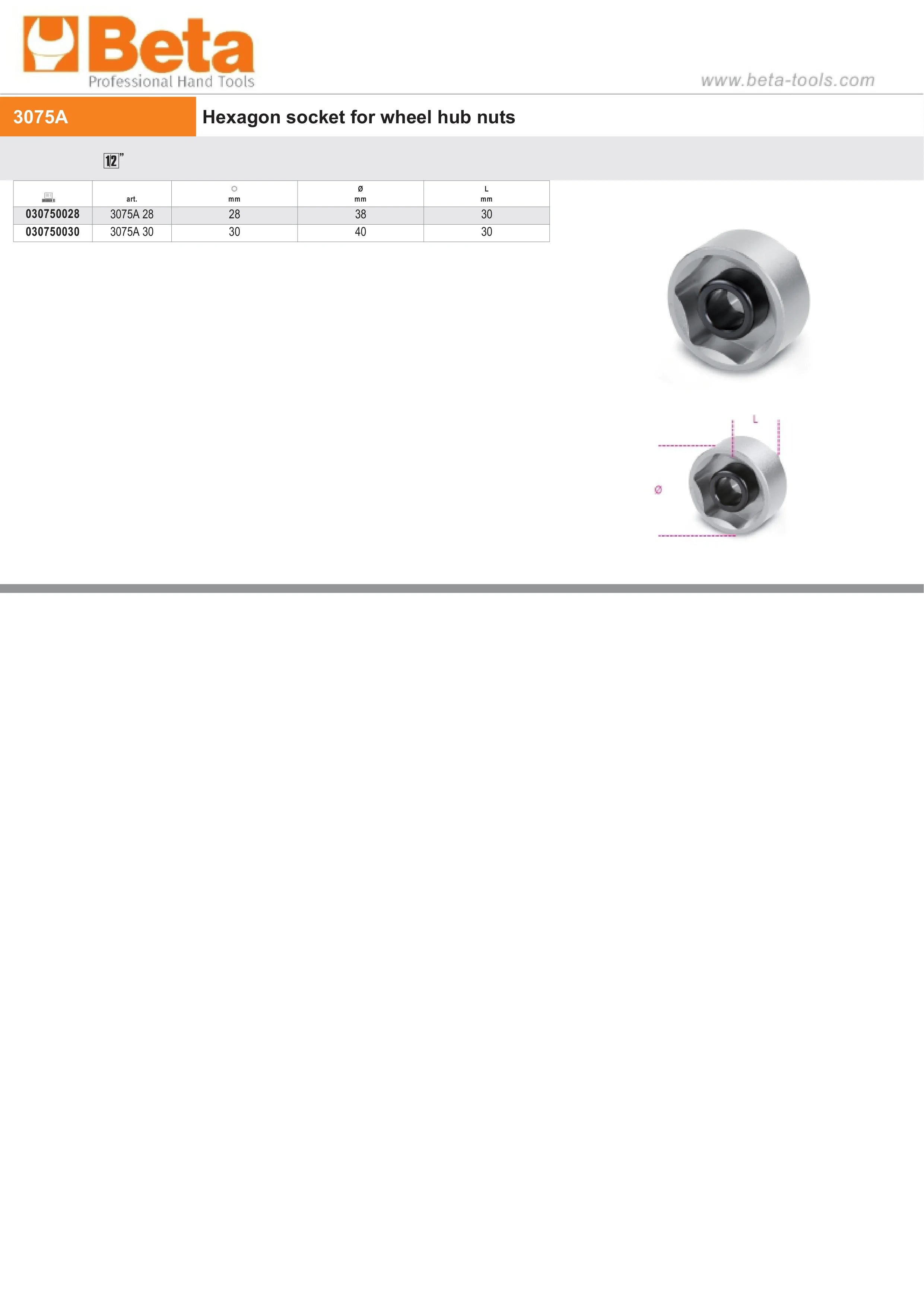 Hexagon Socket for Wheel Hub Nuts 28mm - Beta Tools 3075A 28