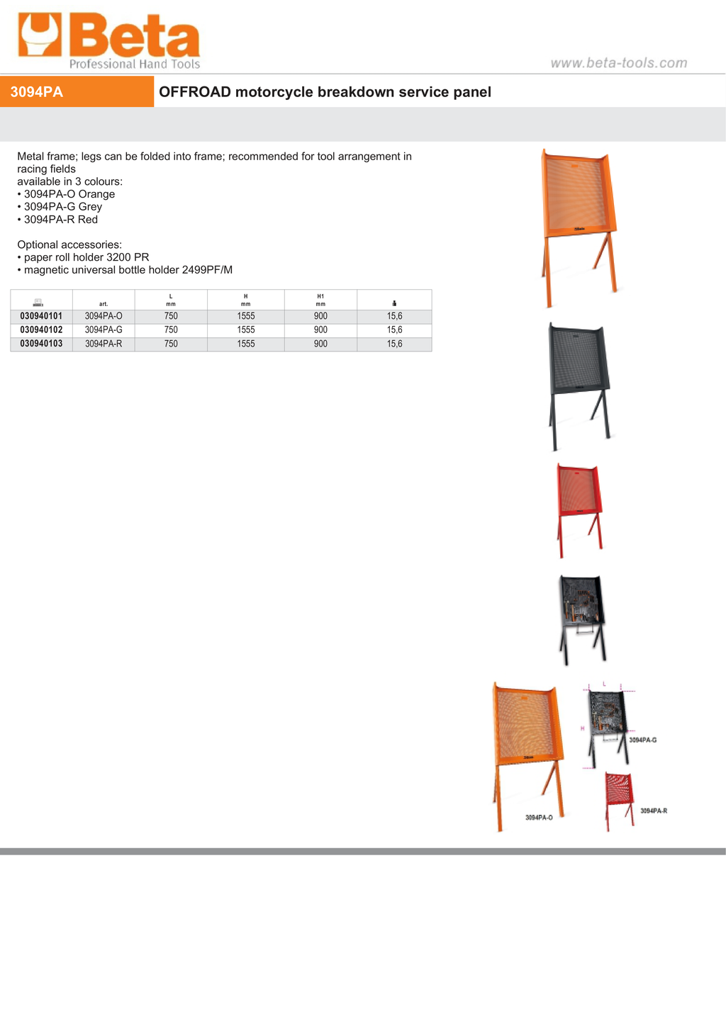 Offroad Motorcycle Breakdown Service Panel Grey 750mm - Beta Tools 3094PA-G