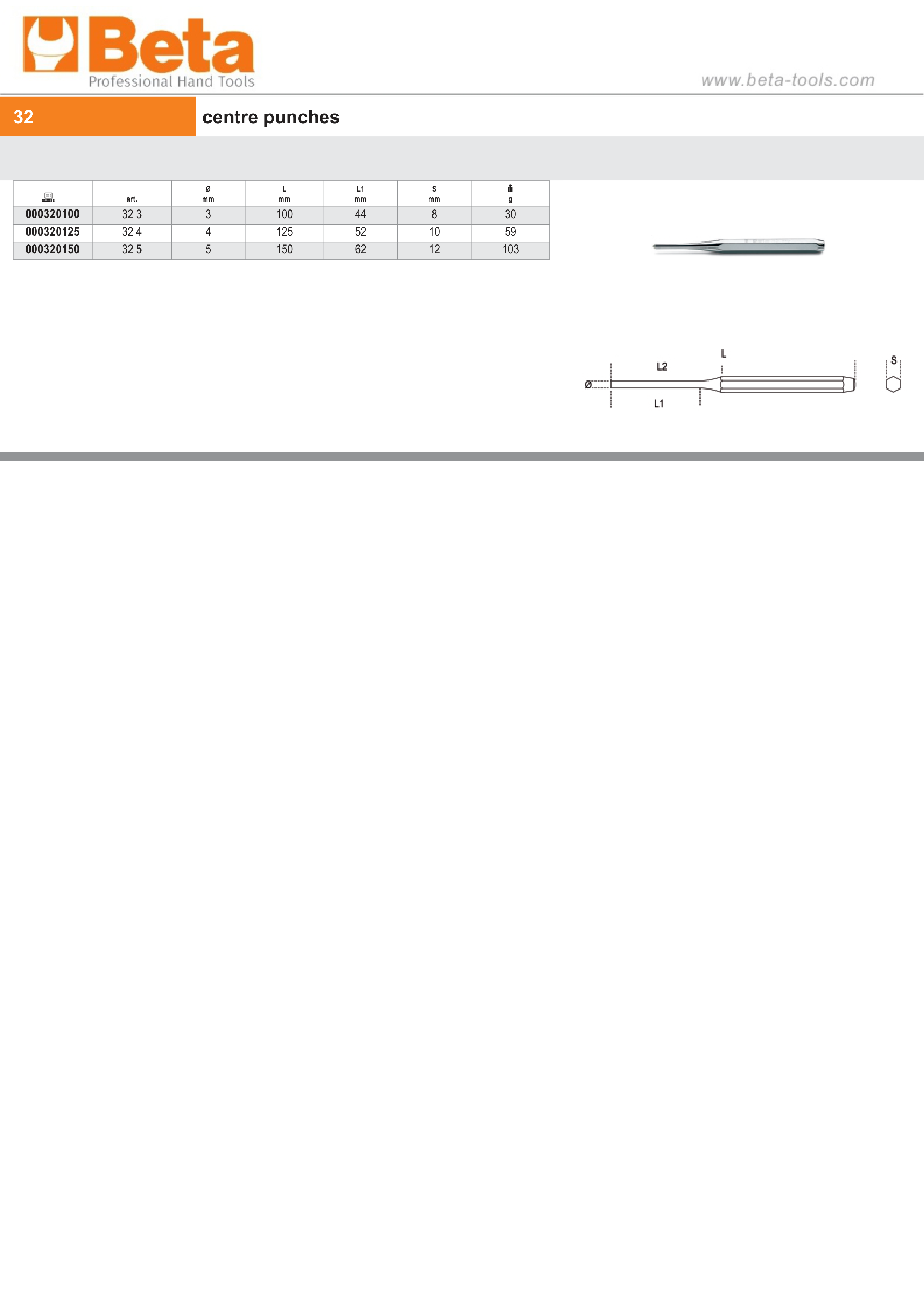 Centre Punch 3mm - Beta Tools 32 3