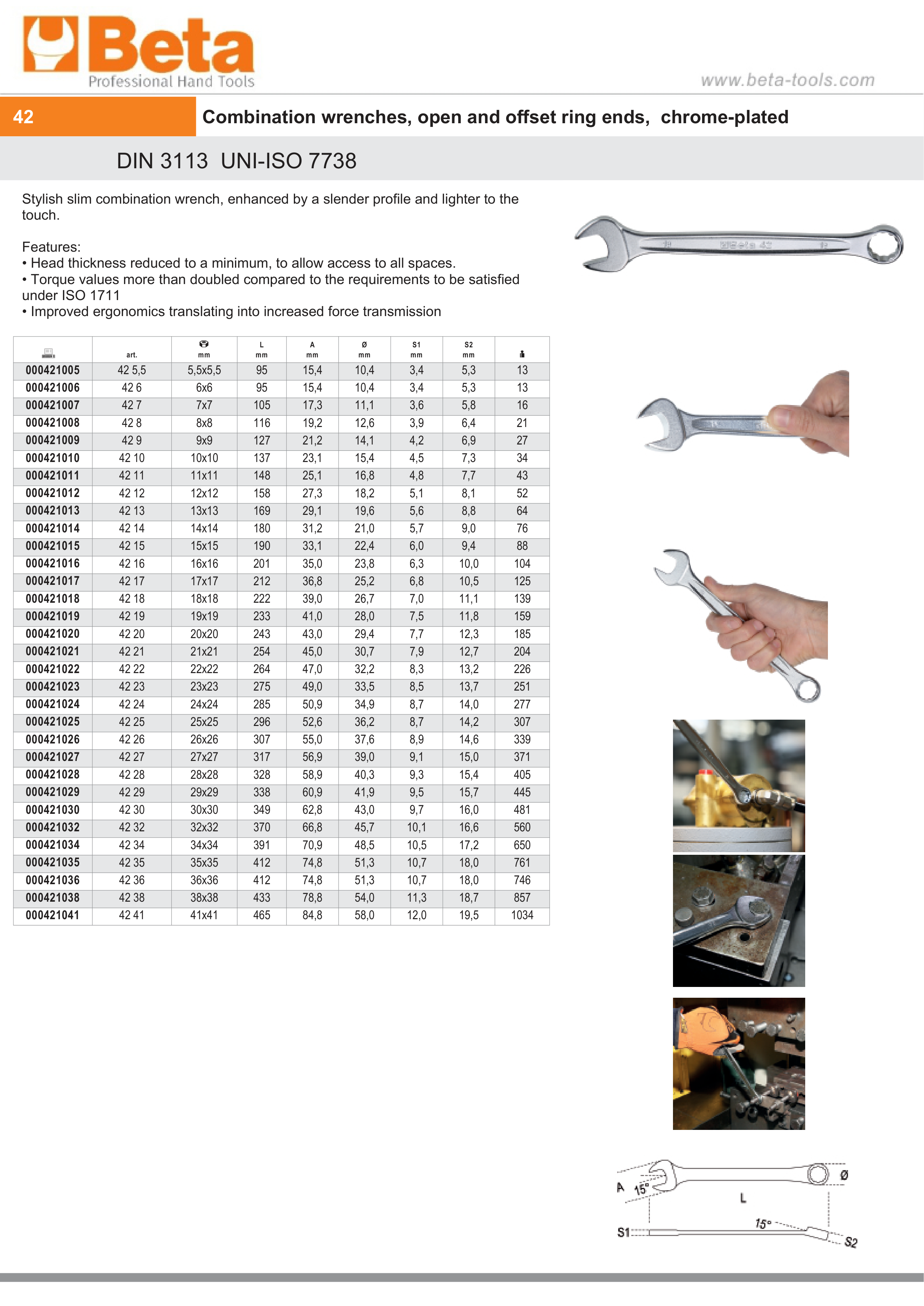 Combination Spanner Wrench Open Offset Ring Ends Chrome-Plated 8mm - Beta Tools 42 8