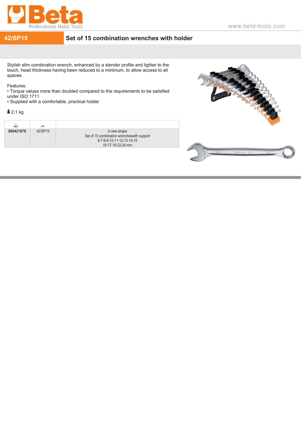 Combination Spanner Wrench Set with Support 6mm - 24mm - Beta Tools 42/SP15