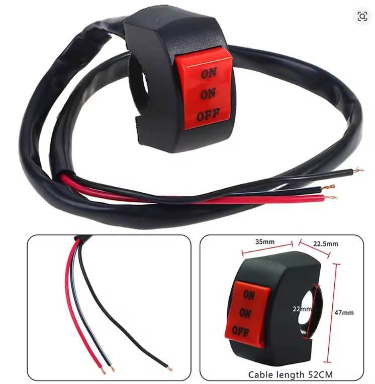 HANDLEBAR LED HEADLIGHT SWITCH ON/ON/OFF 22mm 7/8 IN 3-LINE 12V DC 10A 52cm CABLE