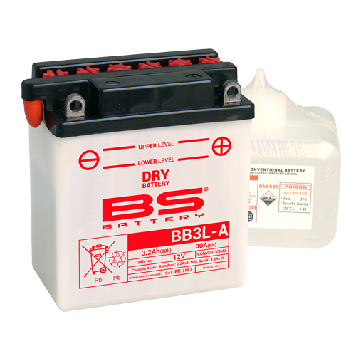 BATTERY YB3L-A/B 12V 3Ah BS, BS WITH ACID PACK BB3L-A, 310589, BS-BB3L-A