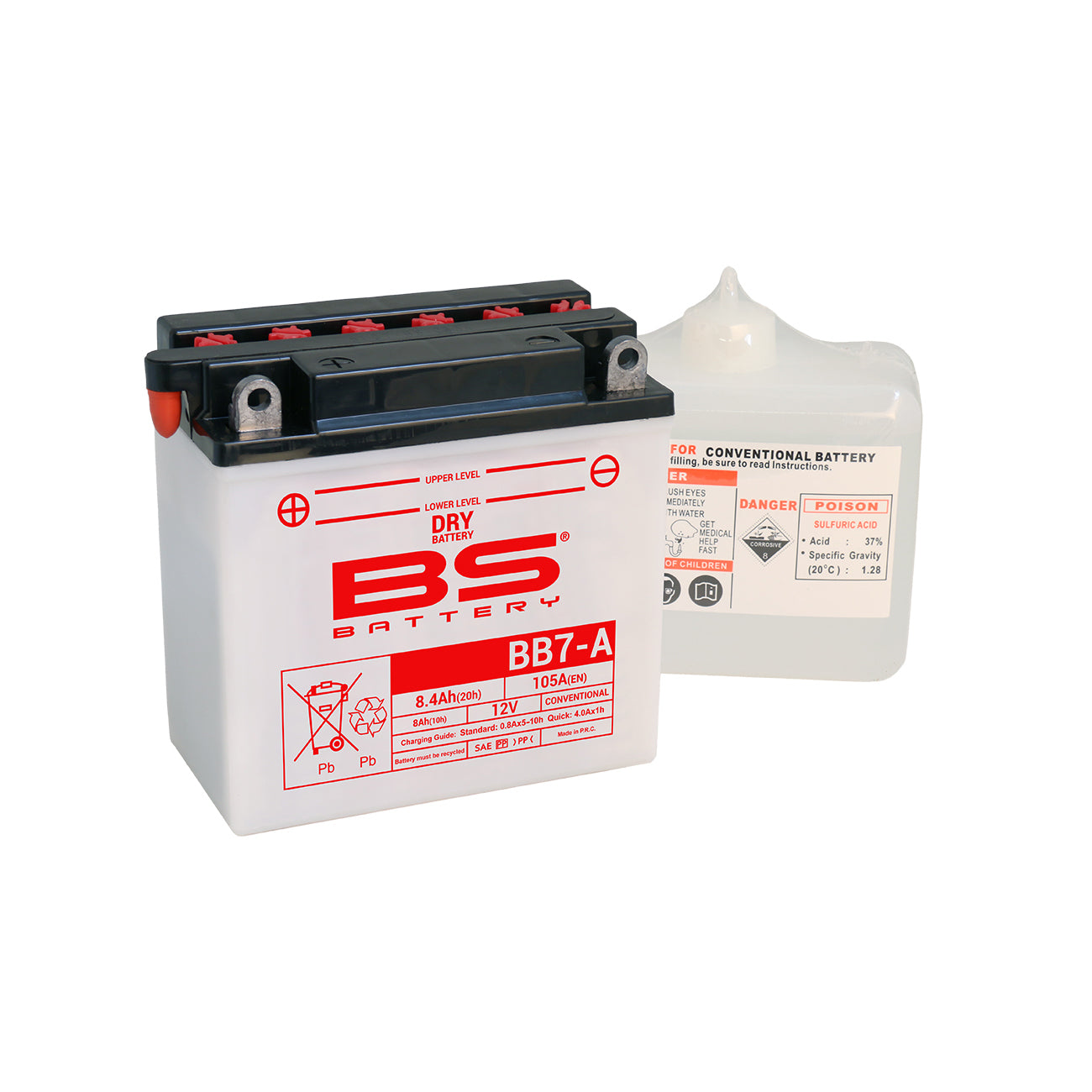 BATTERY YB7-A 12V 8Ah BS, BS WITH ACID PACK BB7-A, 310592,	BS-BB7-A