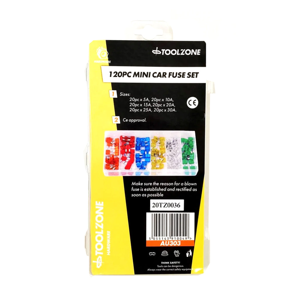 CAR FUSES MINI BLADE 120pc ASSORTED 5a-30a - TOOLZONE KDPAU303