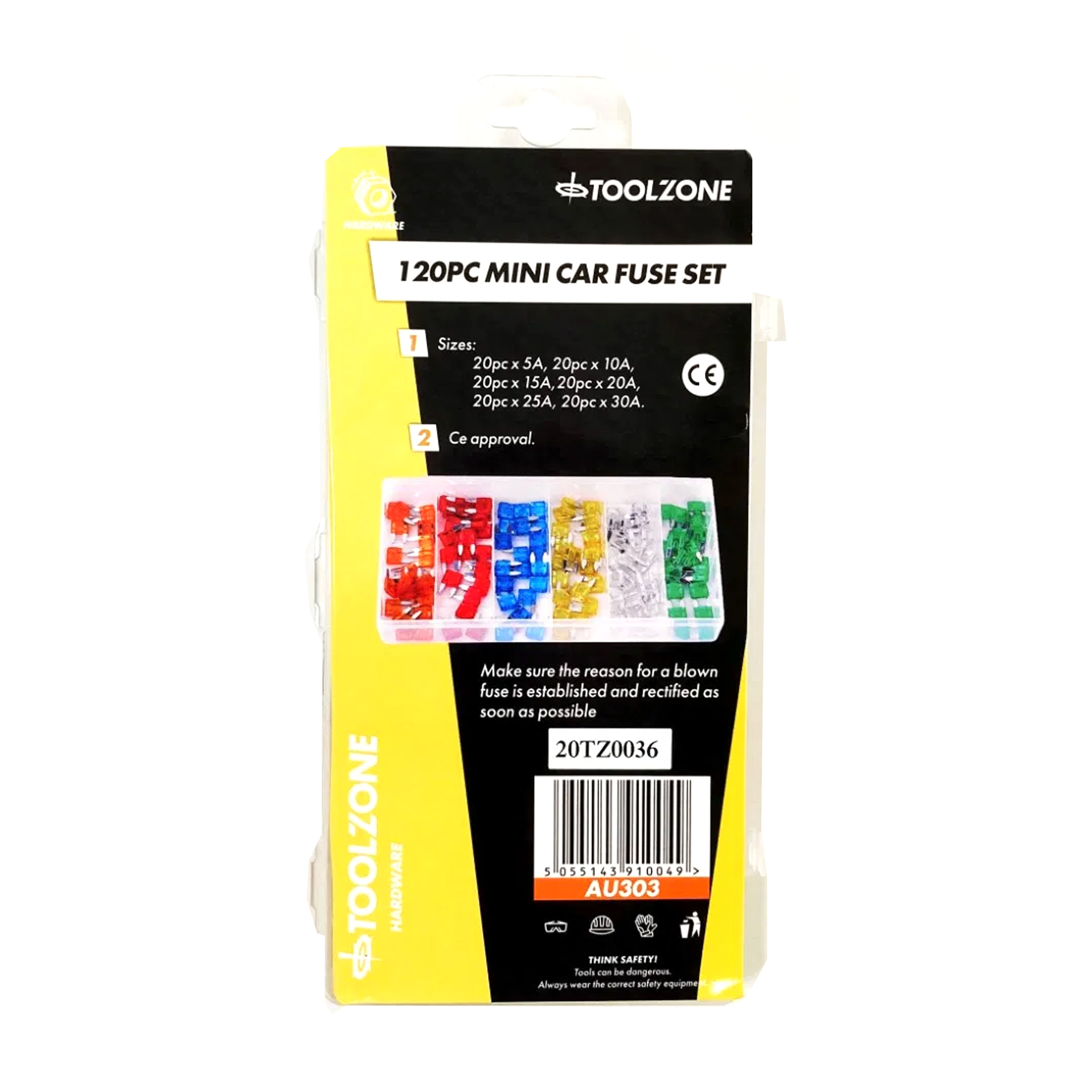 CAR FUSES MINI BLADE 120pc ASSORTED 5a-30a - TOOLZONE KDPAU303