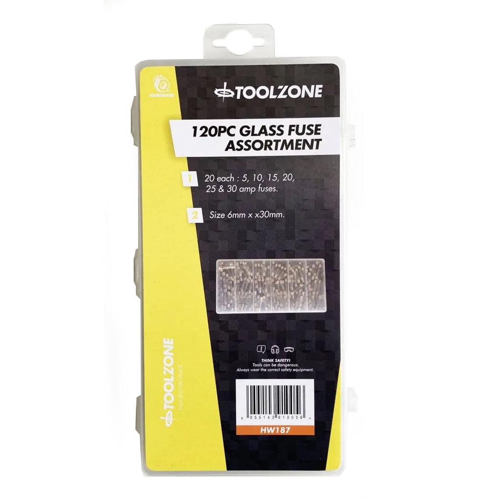GLASS FUSE ASSORTMENT 120pc 6x30mm IN STORAGE BOX - TOOLZONE KDPHW187
