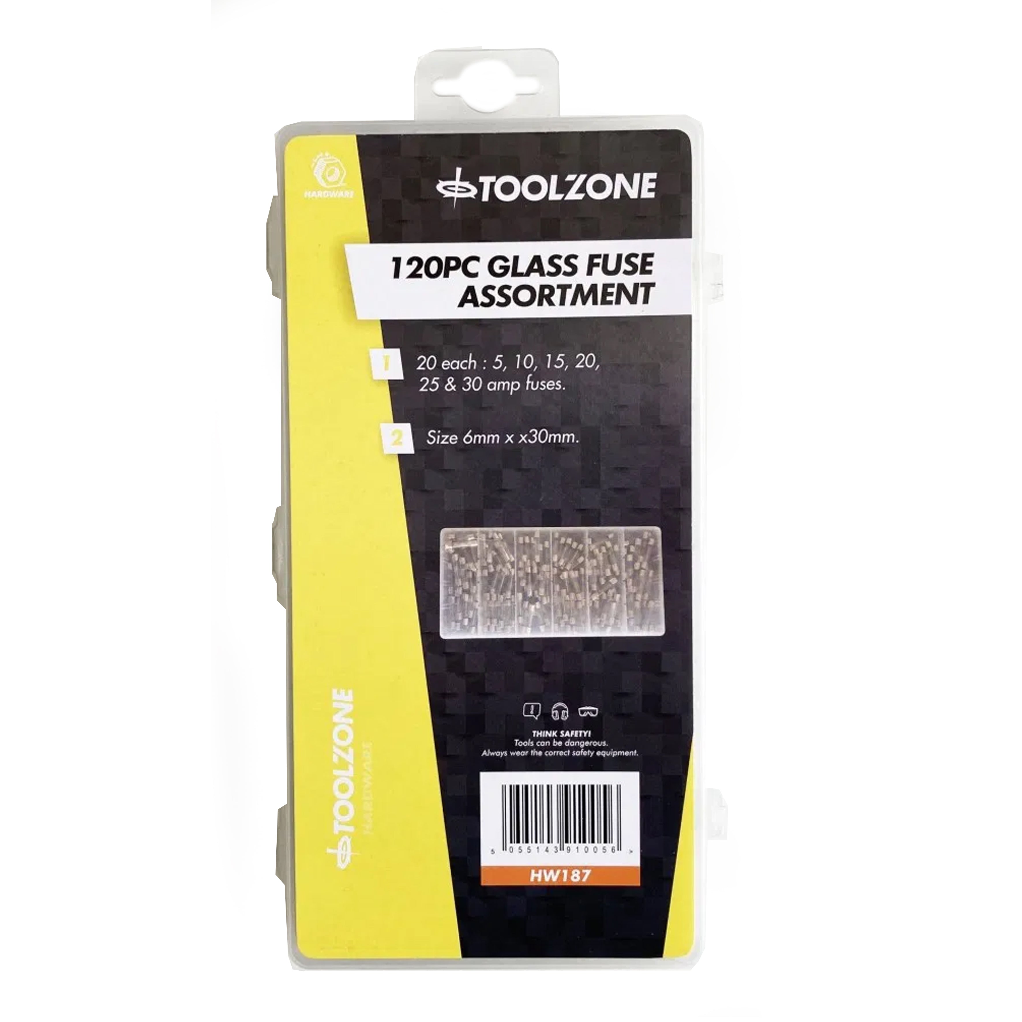 GLASS FUSE ASSORTMENT 120pc 6x30mm IN STORAGE BOX - TOOLZONE KDPHW187