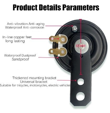 HORN 12V DC SMALL 65mm WATERPROOF BLACK LOUD TONE SOUND 105DB