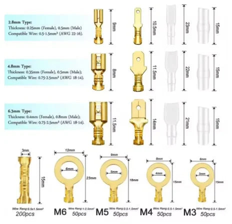 CRIMP TERMINALS KIT 2.8 4.8 6.3mm MALE AND FEMALE WIRE CONNECTOR INSULATED SLEEVES SN-48B