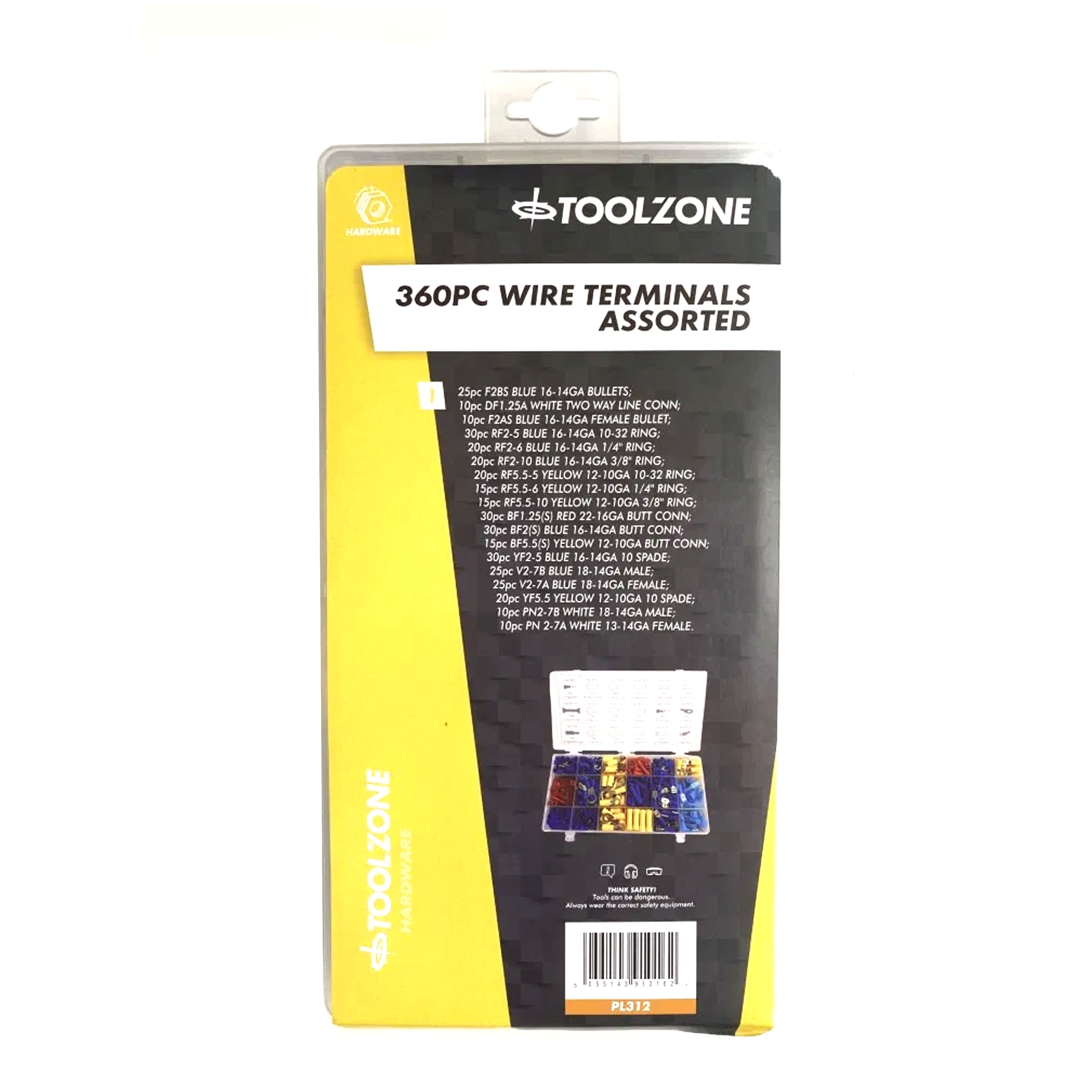 WIRE TERMINALS ASSORTMENT BOX 360PC BRASS 12-10ga 16-14ga 22-16ga - TOOLZONE KDPPL312